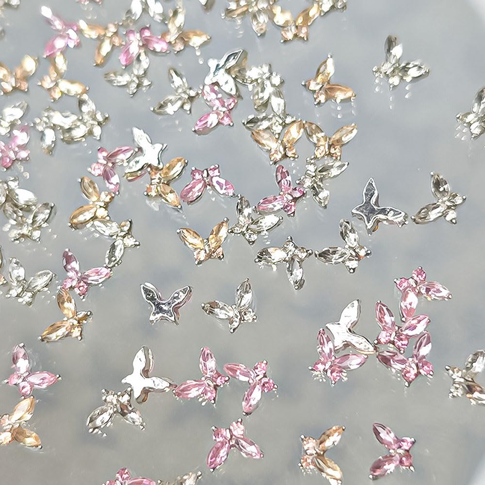3D Butterfly Nail Charms - White Champagne Pink Rhinestone Crystal Butterflies for Nail Art, Nail Design, and Nail Decor | Perfect for DIY Nail Art, Salon Manicures, and Special Occasion Nail Accessories