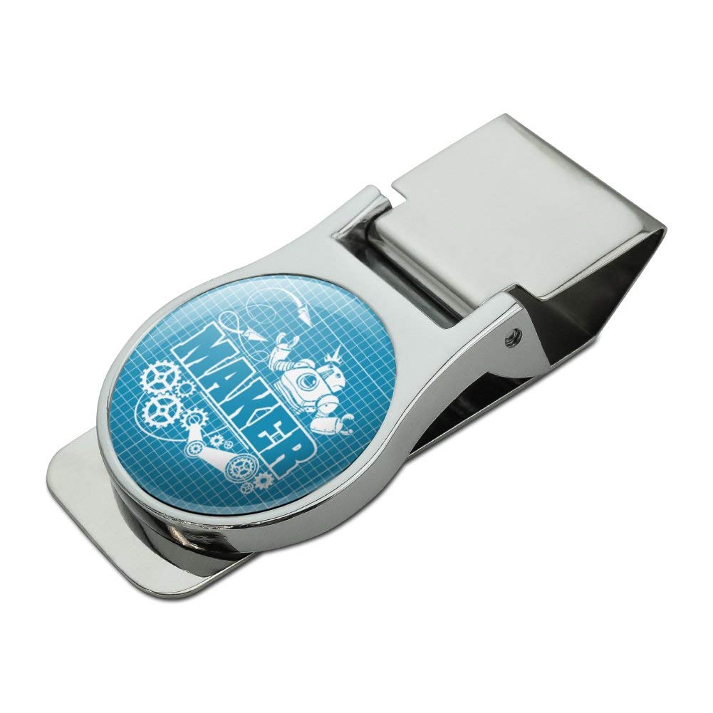 Robot and Gears Satin Chrome Plated Metal Money Clip - Unique Maker Blueprint Design for Cash & Cards | Perfect Gift for Engineers, Tech Lovers & DIY Enthusiasts