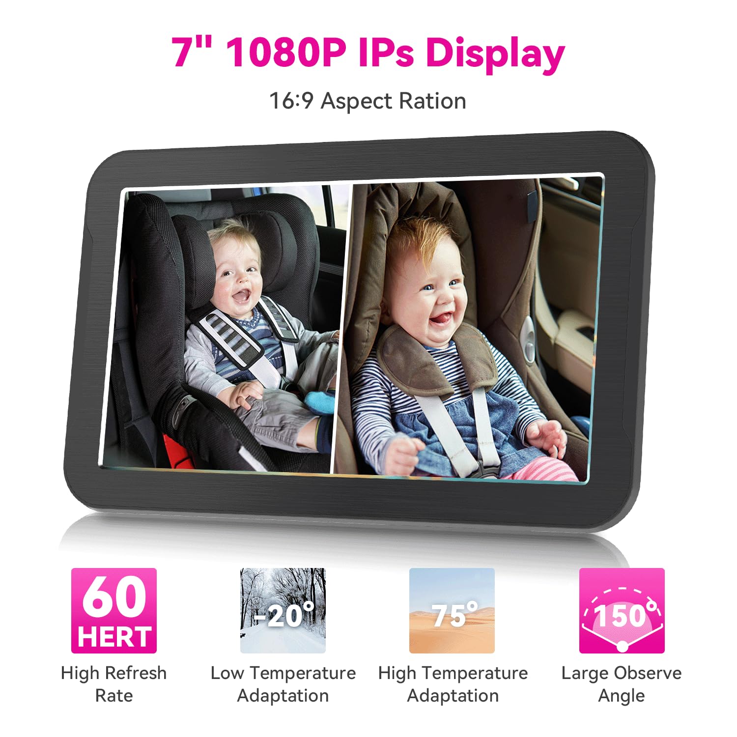 **7 Inch 1080P Baby Car Monitor with Dual Rear Facing Cameras & Night Vision – 360° Rotatable Safety Mirror for Rear Facing Car Seats – Ideal for Parents with 2 Kids, Perfect for Long Road Trips & Daily Commutes**