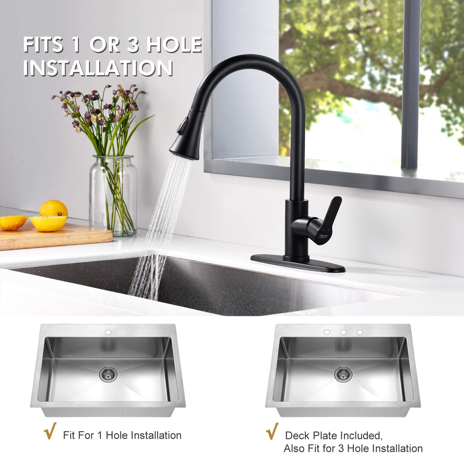 Stainless Steel Pull Down Kitchen Faucet with 2 Spray Modes - Single Handle Matte Black Sink Faucet 1.8GPM for RV, Laundry & Home Kitchen - Perfect for Washing Dishes, Filling Pots & Cleaning Sinks
