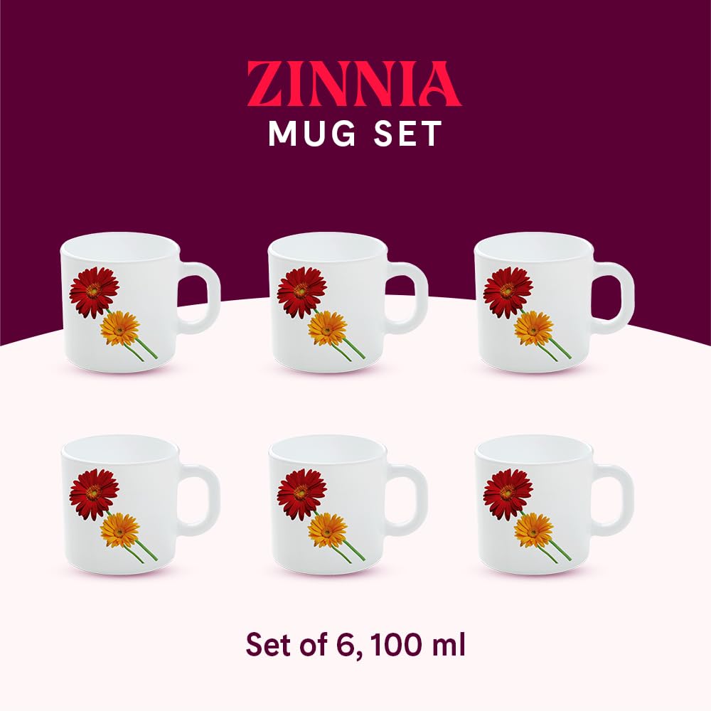 BOROSIL Zinnia Opalware Tea & Coffee Mugs Set of 6 (100ml Each) - Microwave & Dishwasher Safe, Bone-Ash Free - Elegant White Crockery for Daily Use, Gifts, Home, Office & Restaurants