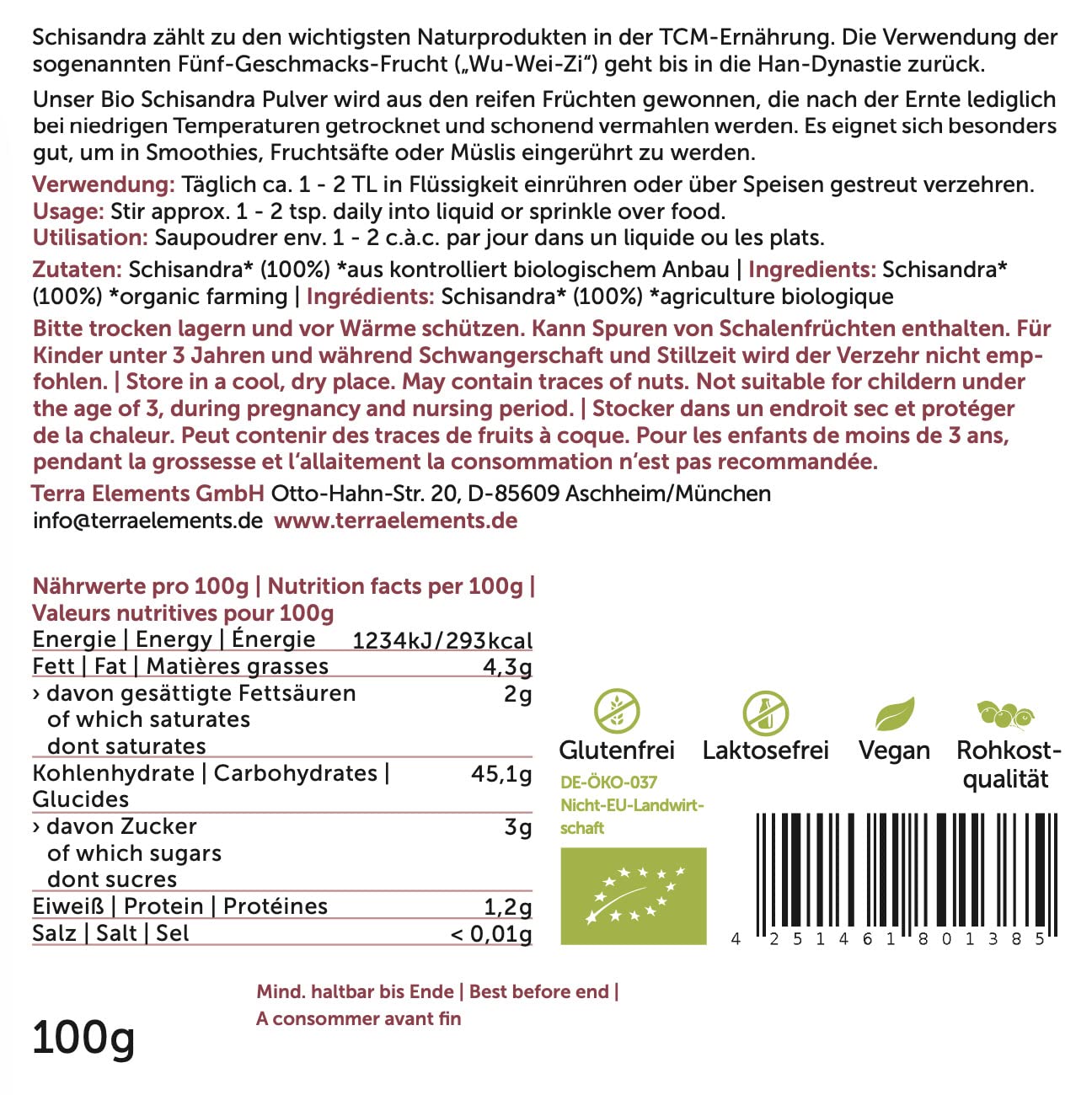 Organic Schisandra Berry Powder 100g | Five-Flavor Fruit Superfood | 100% Pure, Vegan & Raw | Perfect for Tea, Smoothies & Wellness Drinks | Supports Energy & Immunity