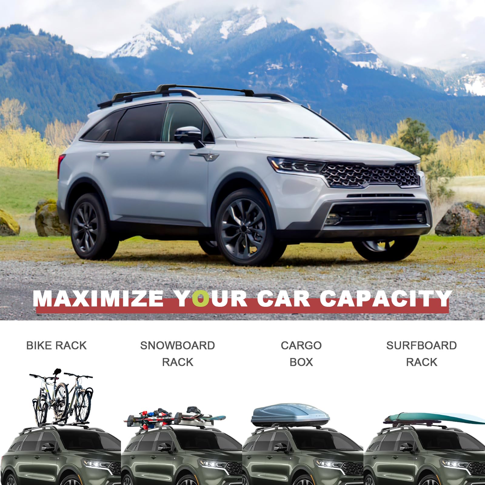 Lockable 260LBS Capacity Aluminum Roof Rack Cross Bars for Kia Sorento X-Line & X-Pro 2021-2025 (Fits Raised Side Rails) - Heavy Duty Rooftop Cargo Carrier for Camping, Road Trips & Outdoor Adventures