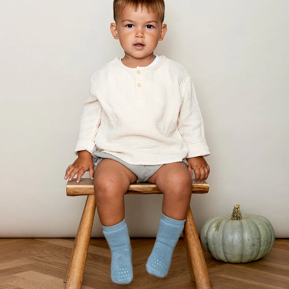 Non-Slip Grip Socks for Babies & Toddlers - Soft Dusty Blue Infant Socks for Crawling, Walking & Playtime at Home or Daycare