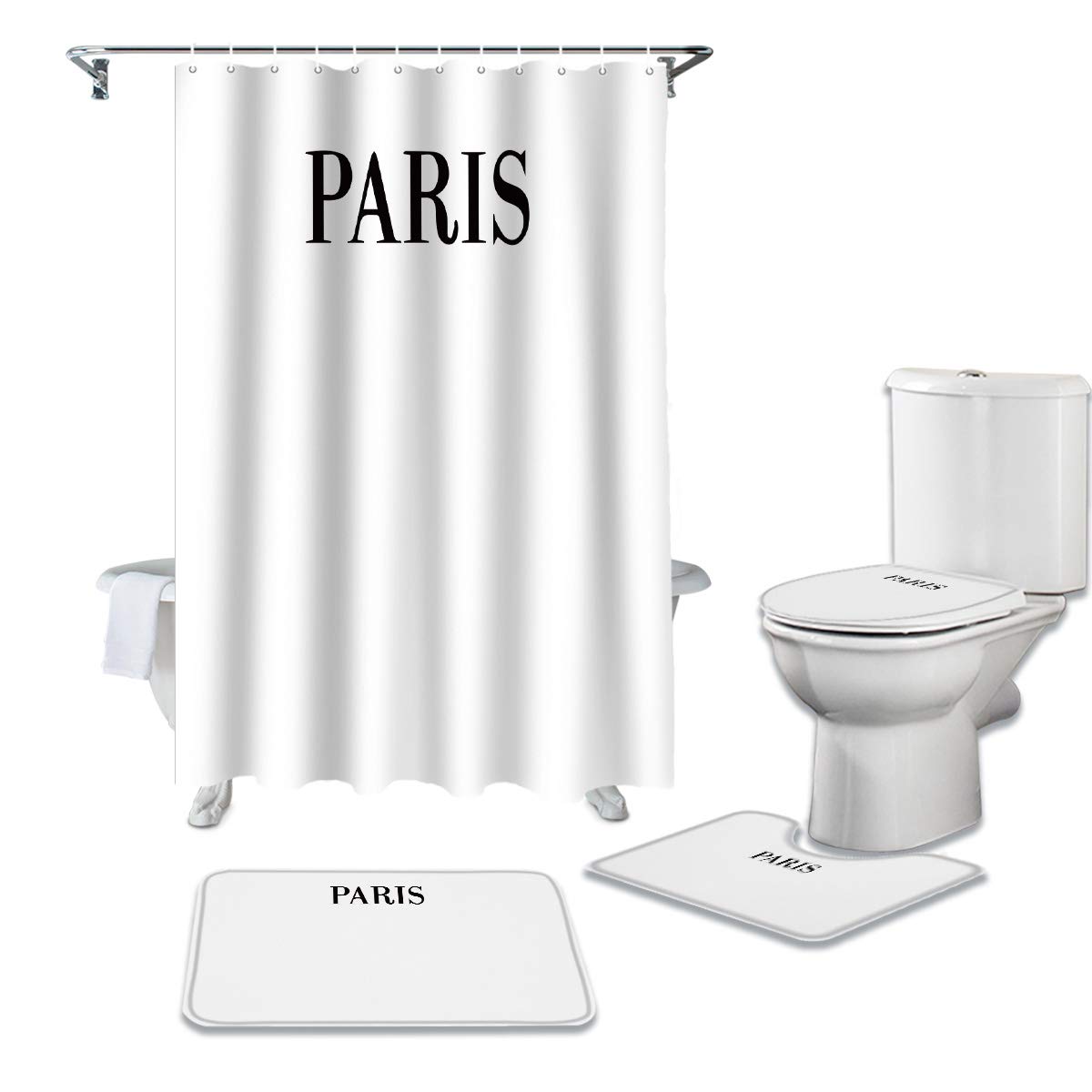 4-Piece Shower Curtain Set with Bath Rugs - Paris Themed Waterproof Bathroom Decor Kit Includes Non-Slip Bath Mat, U-Shaped Rug & Toilet Cover - Perfect for Modern Bathrooms, Guest Suites & Apartment Decor