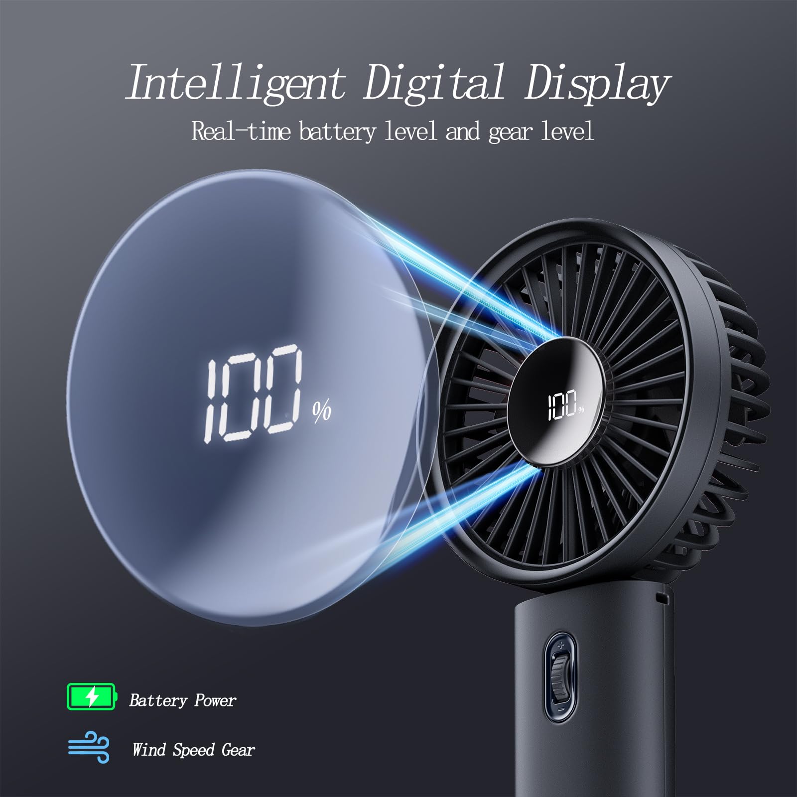 Portable Handheld Fan with Digital Display - 100 Speed Adjustable, 4200mAh Rechargeable Battery, Ultra-Quiet 3-in-1 Foldable Design - Perfect for Travel, Home, Office, Camping & Outdoor Activities (Black)