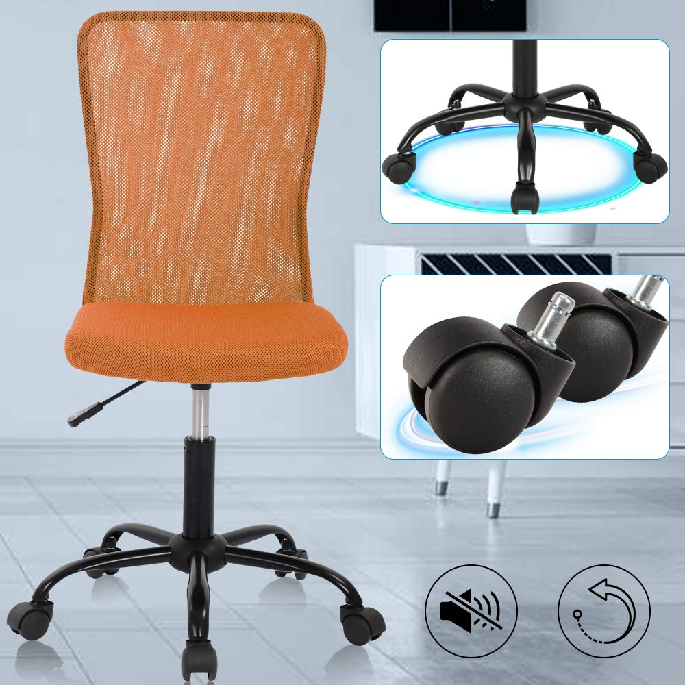 Ergonomic Mesh Office Chair - Adjustable Height Mid Back Computer Desk Chair with Wheels, No Armrest Modern Task Chair for Home Office, Student & Small Workspaces - Orange | Comfortable for Long Hours & Remote Work