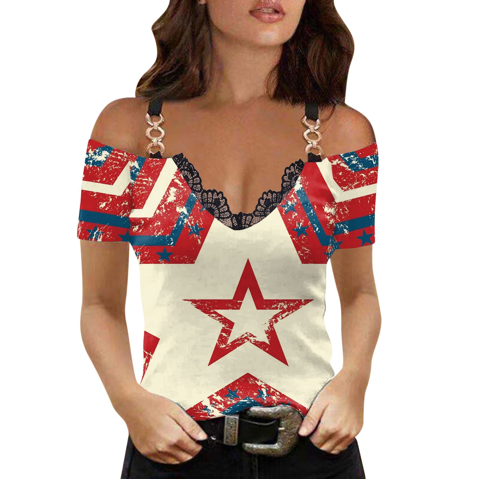 Women's 4th of July T-Shirt - Patriotic American Flag Print, Loose Fit Short Sleeve Summer Top with Stars & Stripes Design | Perfect for Independence Day Celebrations, BBQ Parties & Casual Outings