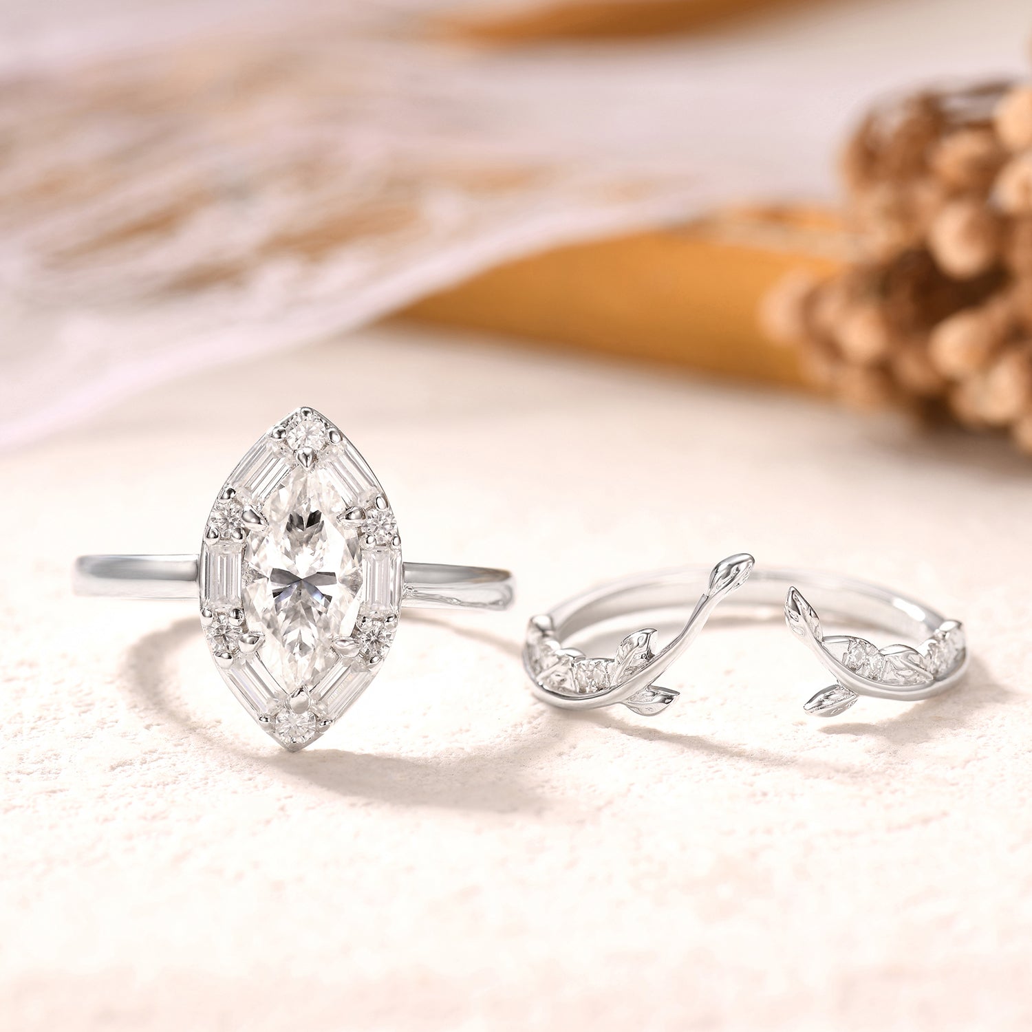 1 Carat Lab Grown Marquise Cut Diamond Engagement Ring Set with Moissanite Wedding Band - Perfect for Proposals, Anniversaries & Bridal Jewelry