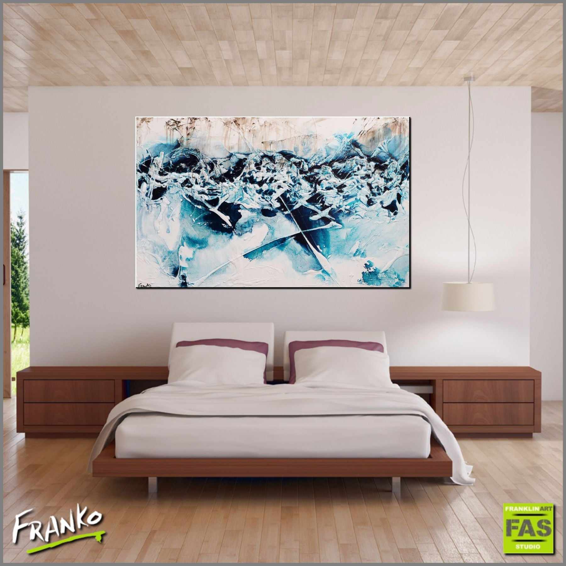 Abstract Turquoise White Pure Infused Ink Art Print - Modern Home Decor for Living Room, Bedroom & Office Wall