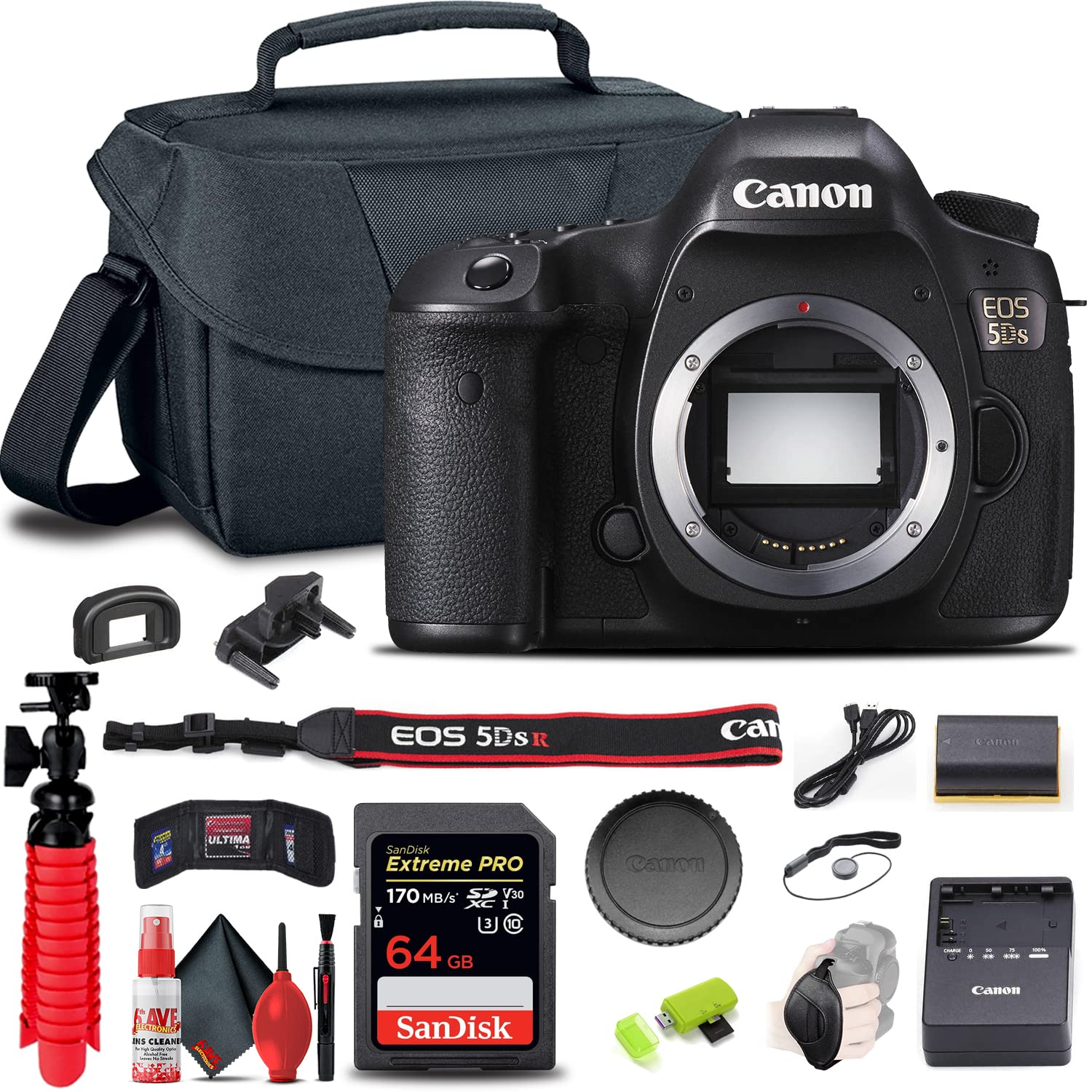 Canon EOS 5DS DSLR Camera Body Only (0581C002) - Professional 50.6MP Full Frame Digital SLR Camera with 64GB SD Card, Camera Case, Tripod & Cleaning Kit (Renewed) - Perfect for Portrait, Landscape & Studio Photography