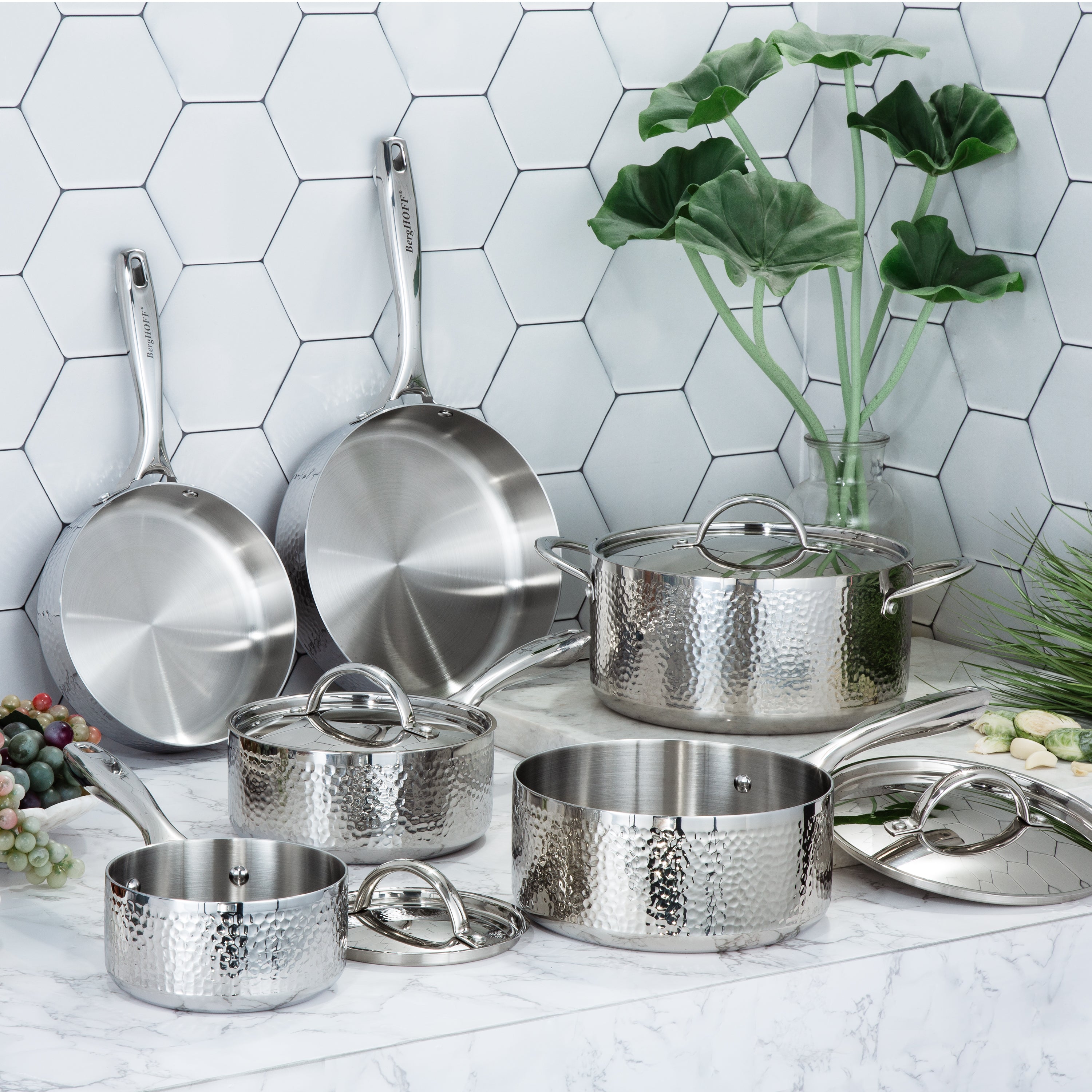 BergHOFF Vintage 10-Piece Tri-Ply 18/10 Stainless Steel Cookware Set with Lids - Hammered Finish for Professional Cooking & Home Kitchen Use