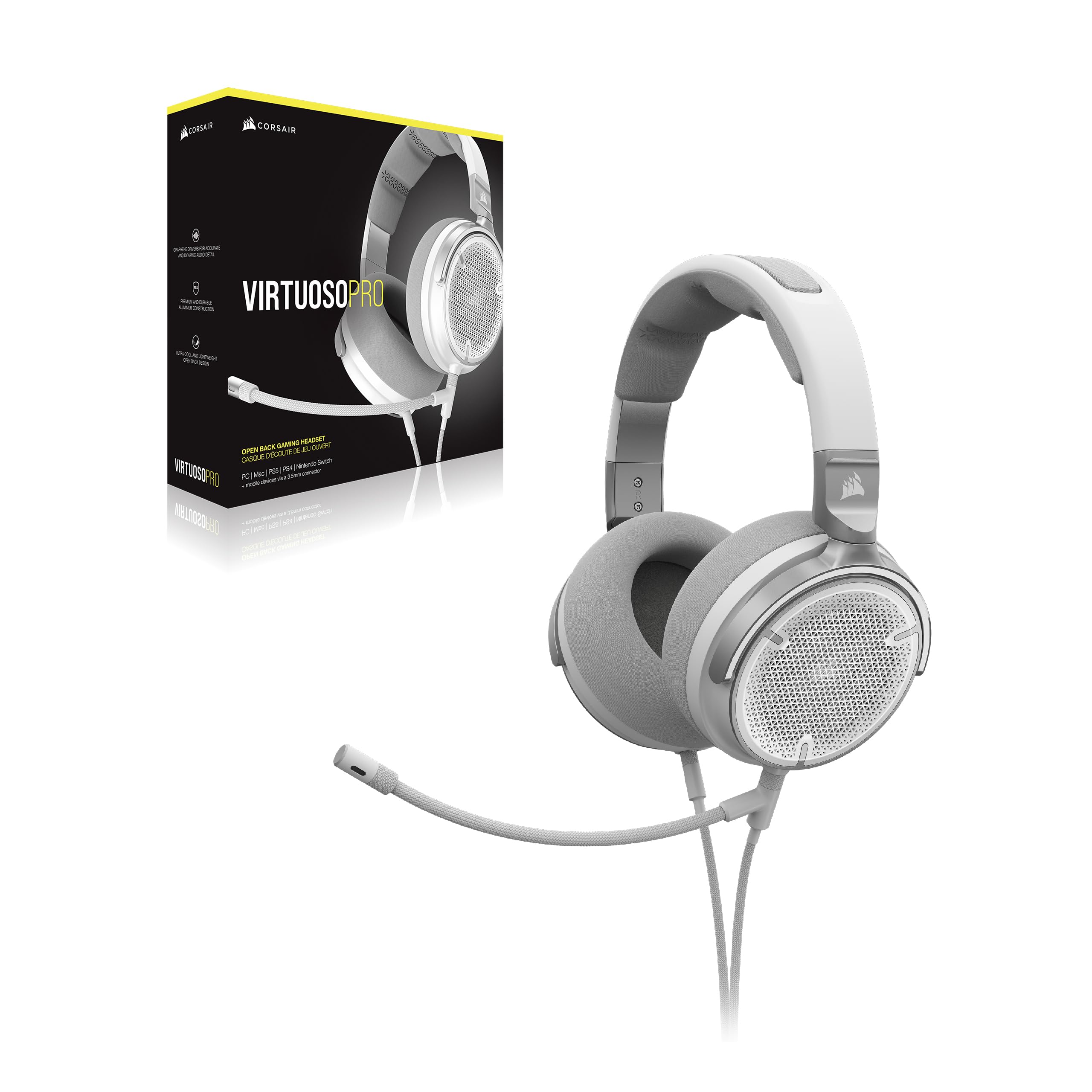 CORSAIR VIRTUOSO PRO Open Back Wired Gaming Headset with Detachable Mic - High-Fidelity Graphene Drivers (20Hz-40kHz) - Multiplatform Compatible (PC, Mac, PS5, Xbox, Switch, Mobile) - White - Perfect for Competitive Gaming, Streaming & Music Production