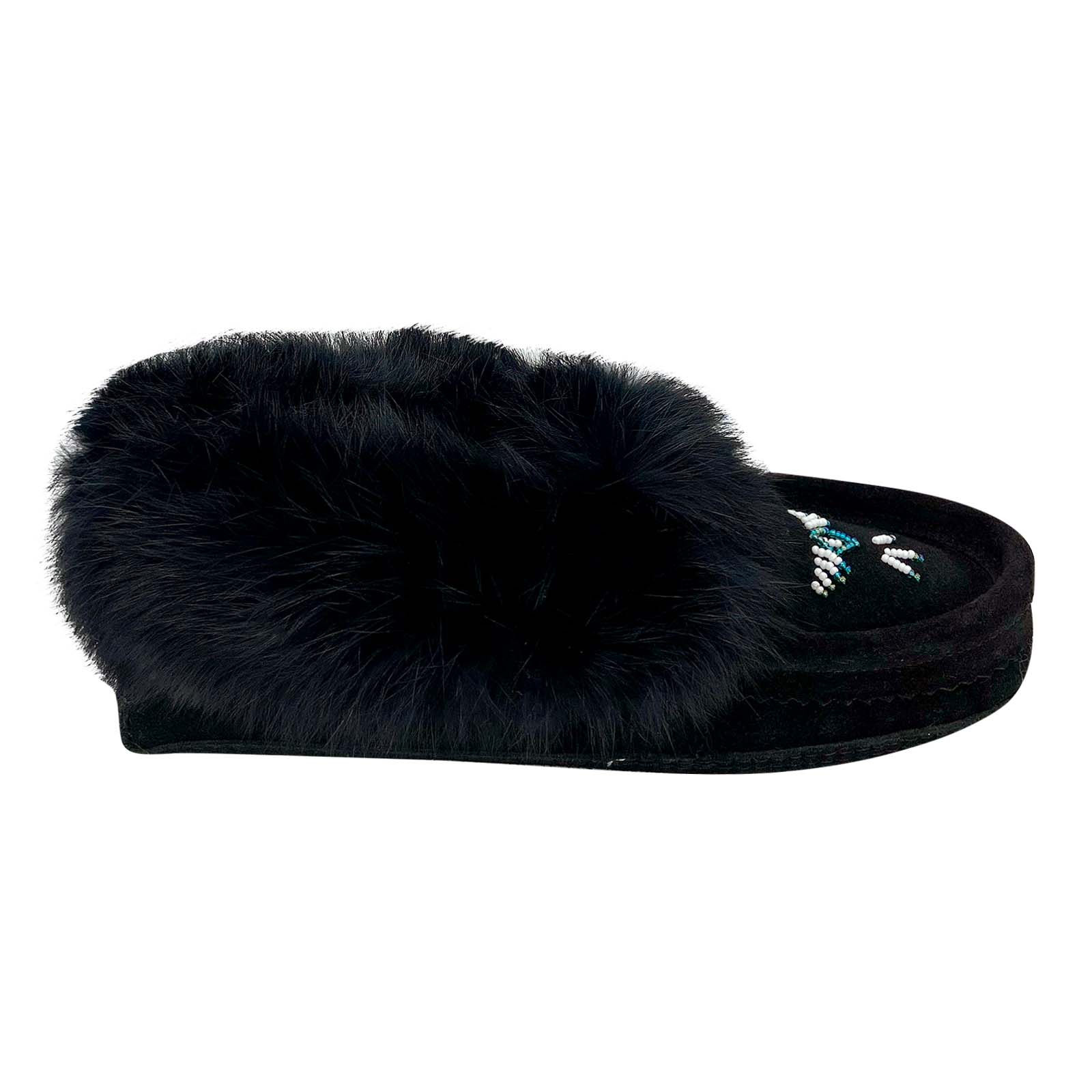 Women's Warm Fleece Lined Rabbit Fur Black Suede Moccasin Slippers - Cozy Indoor/Outdoor Winter House Shoes for Women