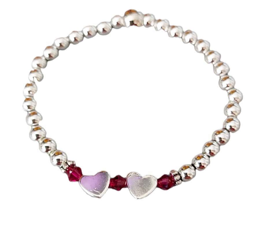 Handmade Silver Stretch Bracelet with Crystals & Hearts for Women's Fashion Jewelry