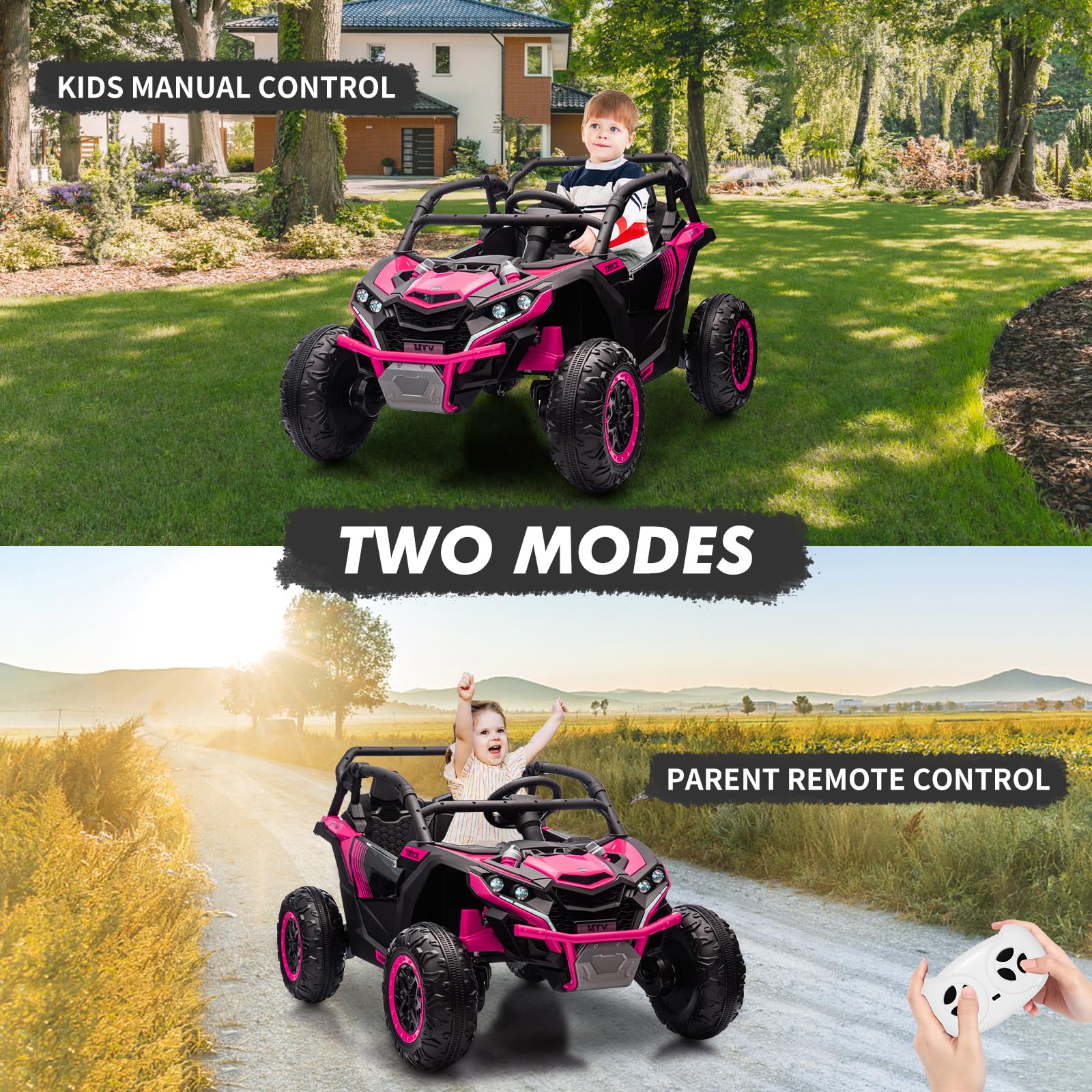 GARVEE 24V Kids Ride On UTV - 2 Seater 4WD Electric Truck with Parent Remote Control, Dual Speed Modes, LED Lights & Shock Absorbers | One-Touch Start, Built-in Music Player (Rose Pink) - Perfect for Outdoor Adventures, Backyard Play & Birthday Gifts for Boys & Girls Ages 3-8