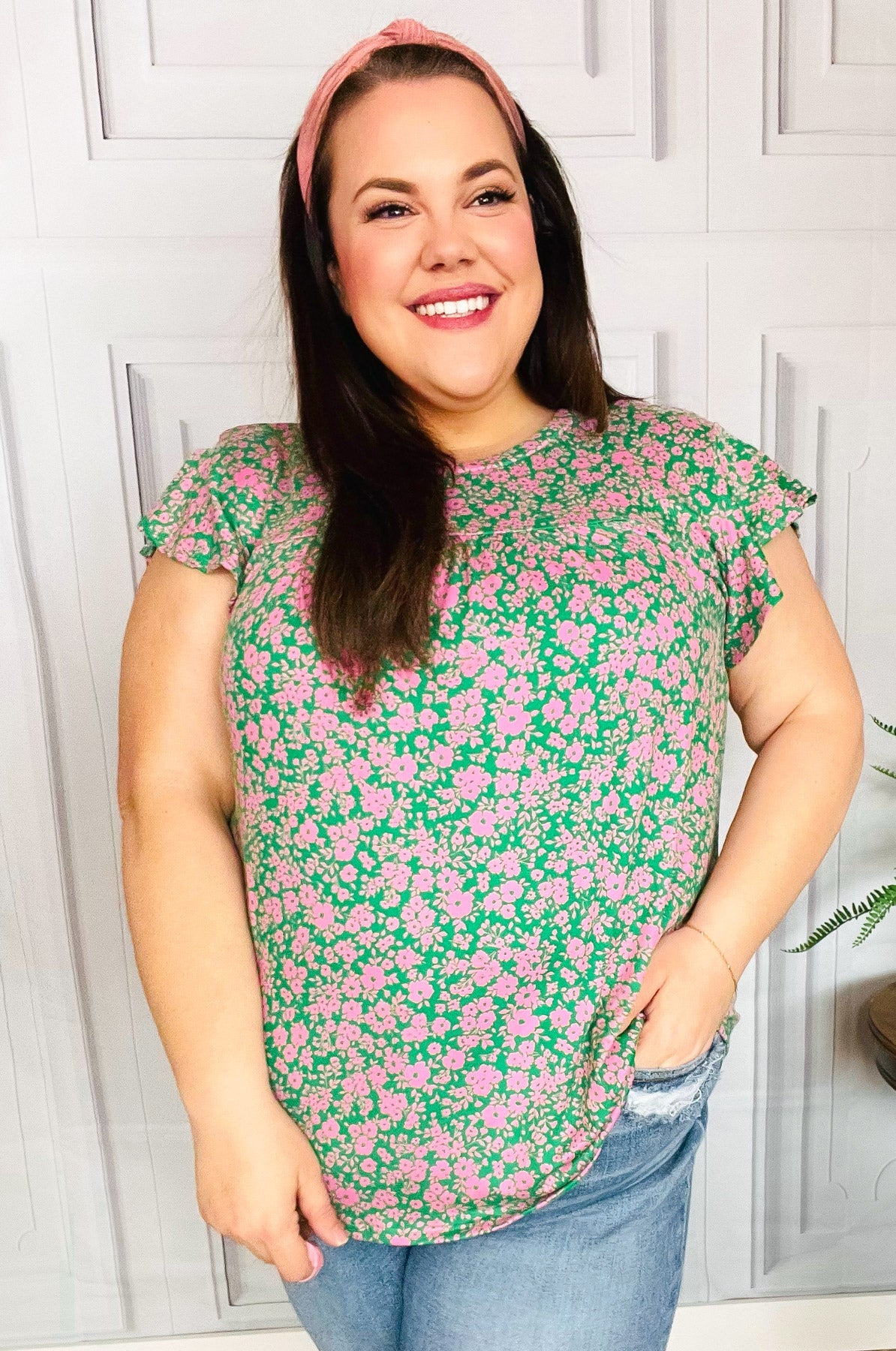 Dreamy Green & Pink Floral Ruffle Short Sleeve Blouse - Women's Boho Chic Yoke Top for Summer Outfits, Date Nights & Beach Vacations