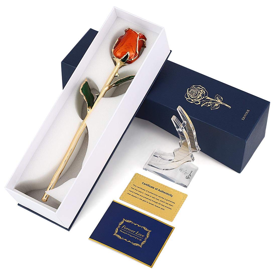 24K Gold Dipped Artificial Rose Flower - Long Stem Eternal Rose Gift for Anniversary, Valentine's Day, Wedding (Orange) | Romantic Home Decor & Luxury Gift for Girlfriend, Wife, Mother