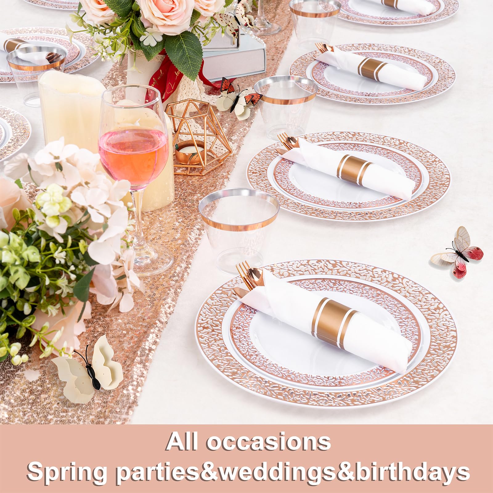 WELLIFE 350-Piece Rose Gold Plastic Dinnerware Set - Disposable Rose Gold Lace Plates, Cups, Silverware & Napkins for Wedding, Bridal Shower, Birthday Party & Elegant Events (50 Dinner Plates, 50 Dessert Plates, 50 Cups, 50 Pre-Rolled Napkins with Silverware) - Perfect for Home Celebrations, Catering & Special Occasions
