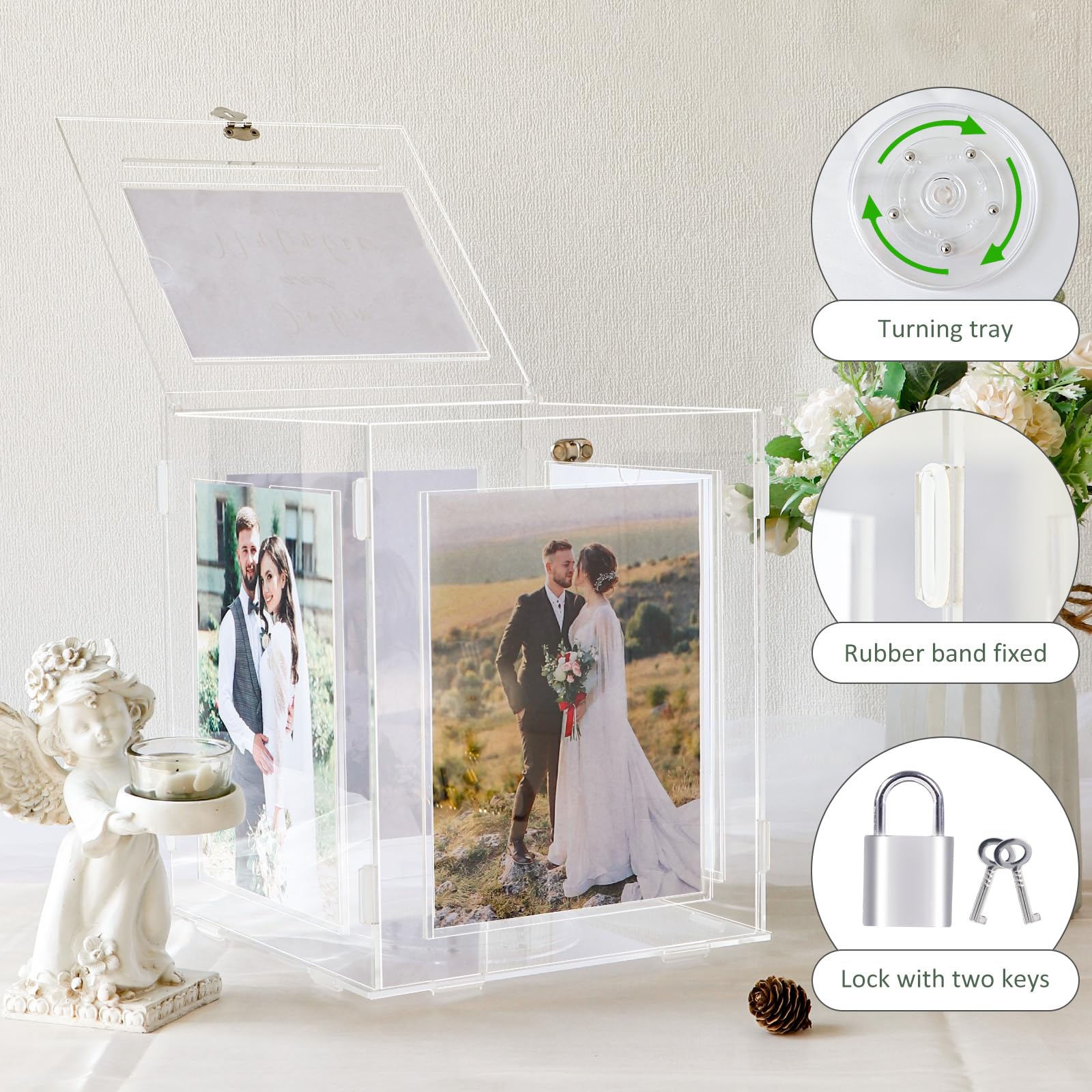 Acrylic Wedding Card Box with Picture Frame - Clear Rotatable Money Gift Card Holder with Lock for Wedding Reception, Graduation, Birthday & Baby Shower - Perfect for Secure Cash & Gift Storage at Special Events