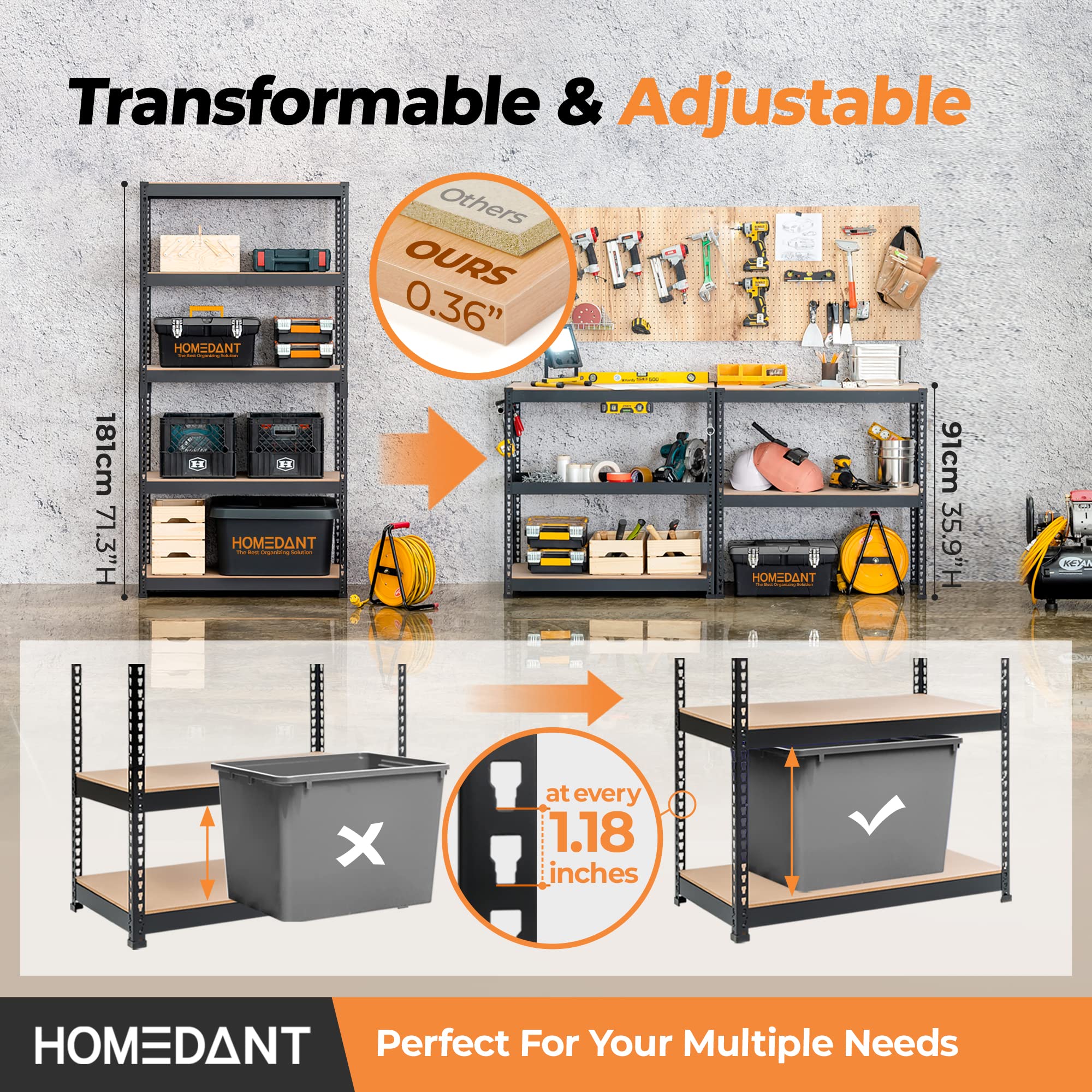 5-Tier Heavy Duty Metal Storage Shelves - Adjustable Boltless Garage Shelving Unit (35.9