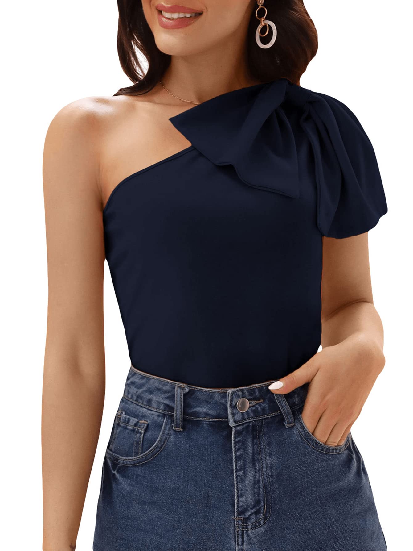 SweatyRocks Women's One Shoulder Bow Front Tank Top - Casual Sleeveless Solid Blouse for Summer, Beach, Party & Date Night Outfits