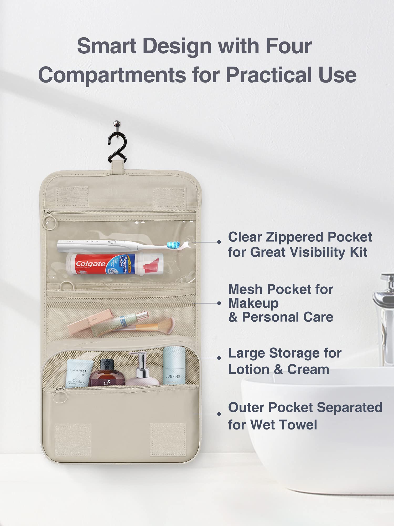 Luxtude Waterproof Hanging Toiletry Bag for Women - Travel Cosmetic Organizer with Hook for Bathroom, Shower & Essentials - Perfect for Vacation, Camping & Business Trips