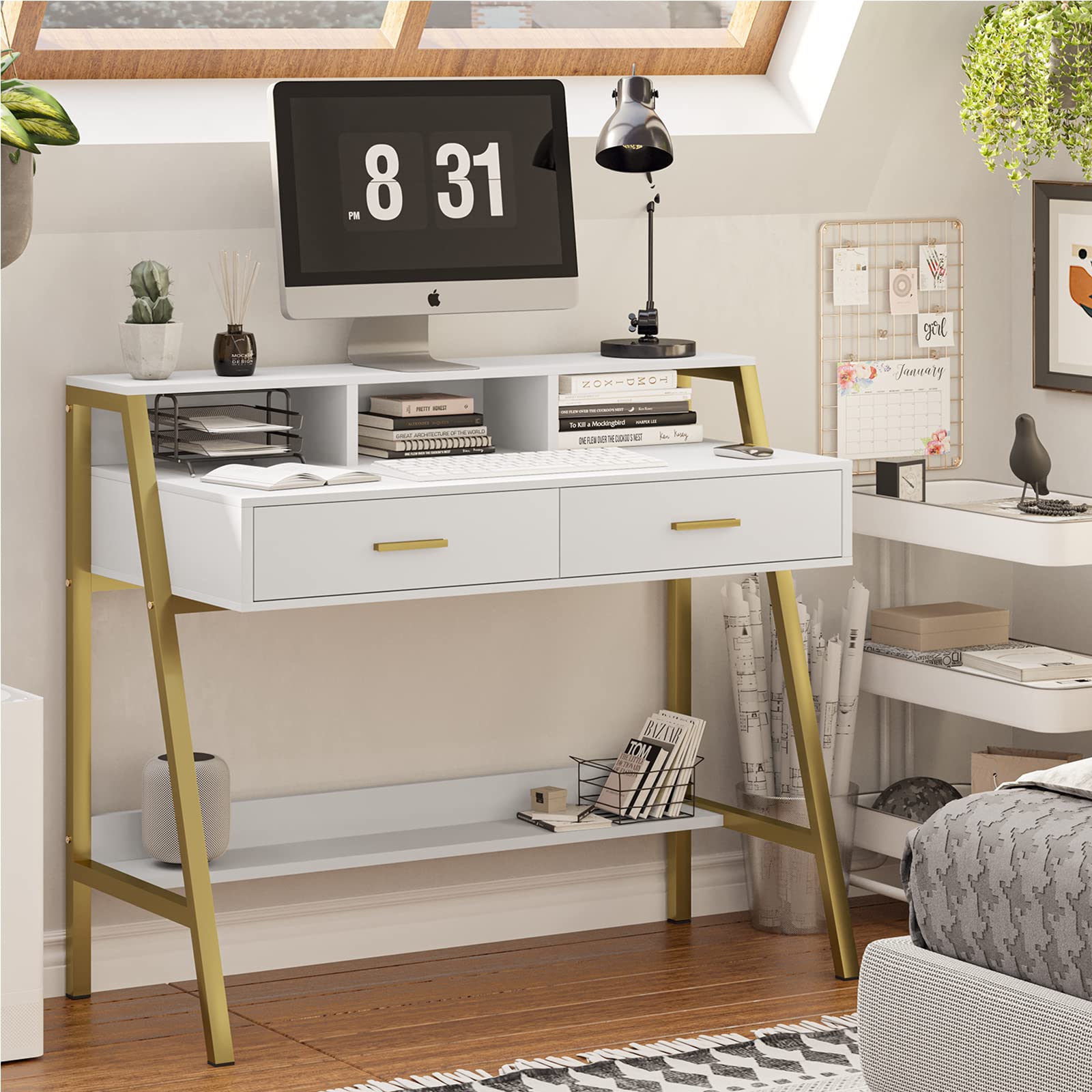 Tiptiper 41 Inch Modern Computer Desk with Drawers & Storage Shelf - White and Gold Home Office Desk with Monitor Stand, Study Writing Table, Laptop PC Workstation (Perfect for Small Spaces, Home Office, Gaming Setup & Remote Work)