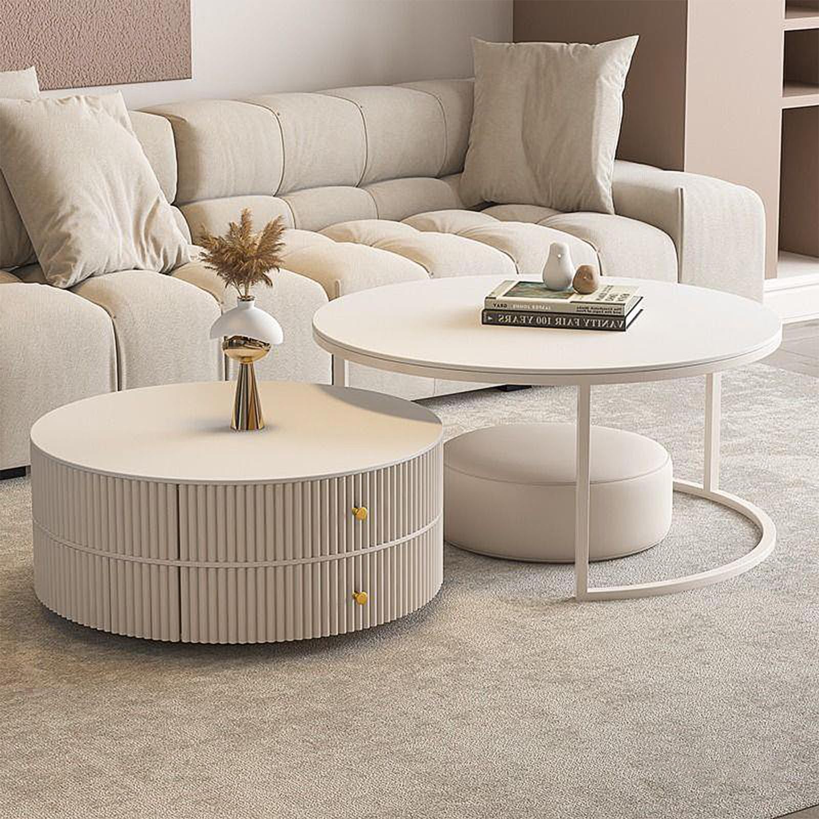 Premium Nesting Coffee Table Set of 2 with Leather Stool - Ivory Wood Circle Embossed Design & 2 Drawers - Round Baking Paint Frame Coffee Table for Living Room, Lounge & Small Spaces