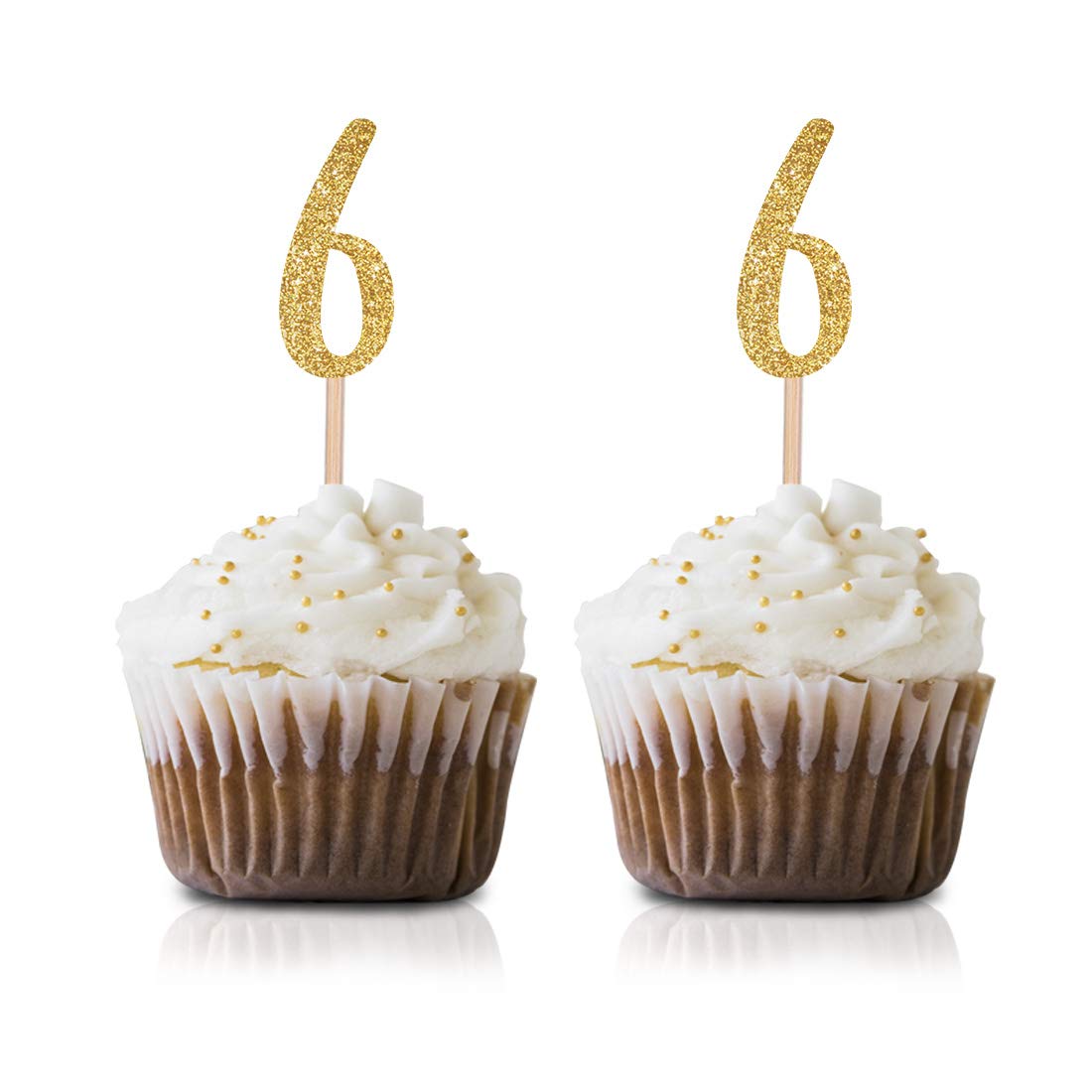 24-Pack Gold Happy 6th Birthday Cupcake Toppers with Glitter Number 6 - Party Decorations for Kids Birthday, Anniversary & Celebration Events