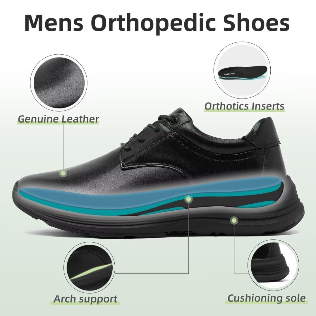 OrthoComfoot Men's Orthopedic Leather Dress Shoes - Arch Support Oxfords for Plantar Fasciitis & Heel Pain Relief - Comfortable Business & Casual Walking Shoes for Work, Travel & Daily Wear