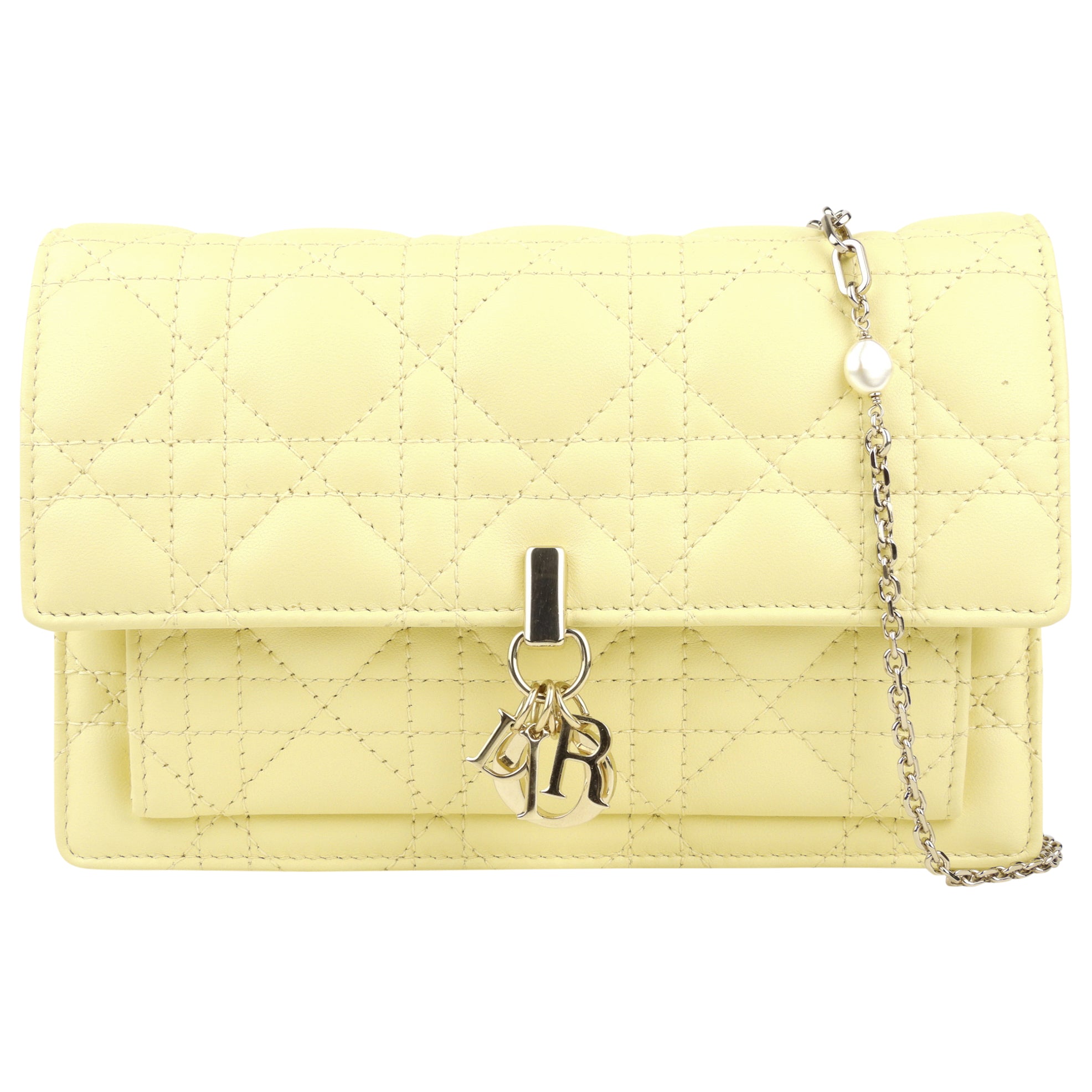 Christian Dior Pale Yellow Cannage Quilted Lambskin Leather Miss Dior Chain Pouch Crossbody Bag - Luxury Designer Handbag for Women, Perfect for Parties, Dates & Special Occasions
