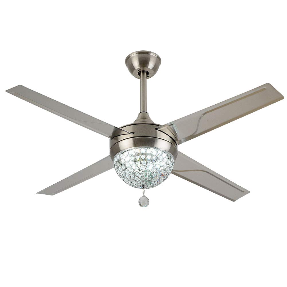 Modern Crystal Ceiling Fan with Remote Control - 44 Inch LED Chandelier & Silent Electric Fan with 4 Stainless Steel Blades - Silver Home Decor for Living Room & Dining Room | Perfect for Cooling & Lighting in Bedrooms, Offices, and Patios