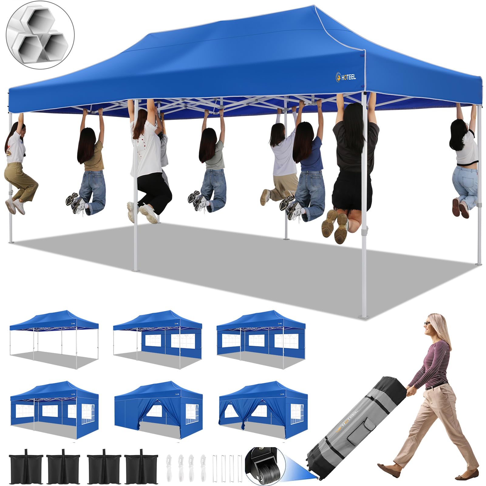 HOTEEL 10x20 Pop Up Canopy Tent - Heavy Duty Commercial Instant Gazebo with 6 Sidewalls, Roller Bag & Sand Bags - Easy Setup Hexagonal Frame for Outdoor Weddings, Parties, Events & Farmers Markets (Blue)
