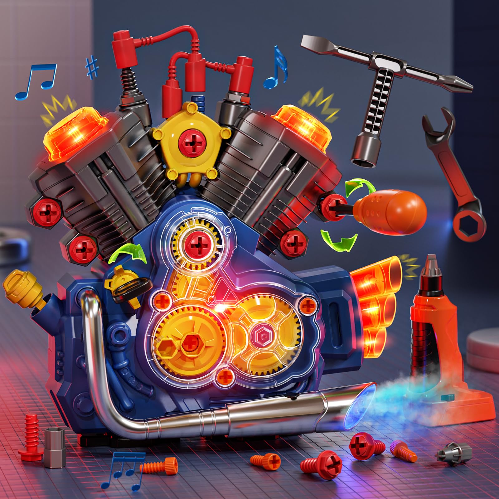STEM Motorcycle Engine Building Kit for Kids - Educational Mechanic Toy with Cool Light & Sound, Science Model Kit for Boys & Girls Ages 3+ - Perfect for STEM Learning, Birthday Gifts & Pretend Play (Blue)