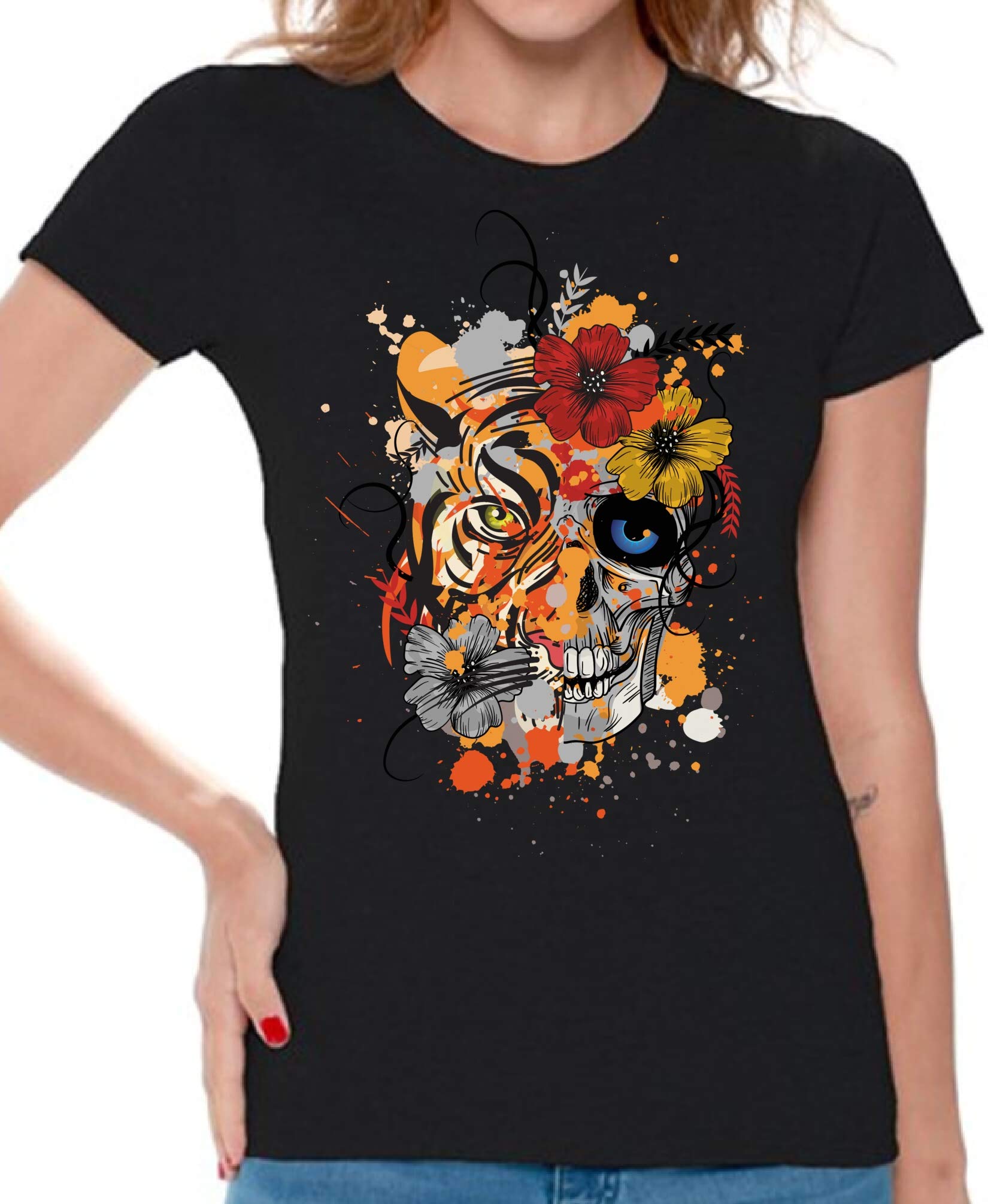 Skull & Floral Tiger Print T-Shirt for Women | Gothic Streetwear | Perfect for Casual Wear, Concerts & Halloween Outfits
