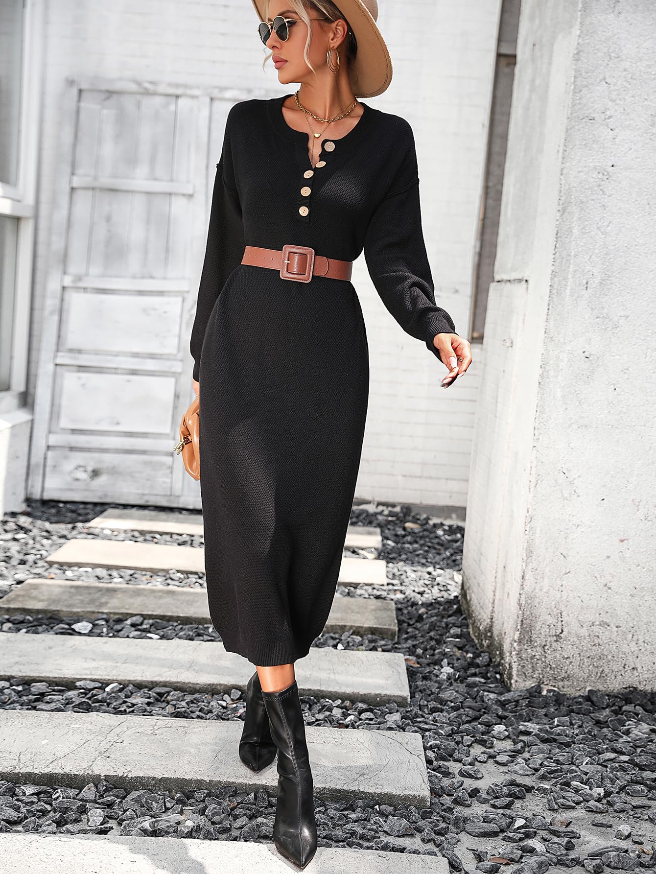 Hathne Women's Crew Neck Button Down Sweater Dress - Long Sleeve Loose Waffle Knit Pullover Maxi Dress for Casual Outfits, Fall Winter Fashion & Layering