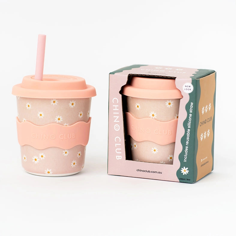 Pink Daisy Kids Keep Cup 240ml with Straw - BPA-Free Reusable Water Bottle for School, Travel & Outdoor Activities