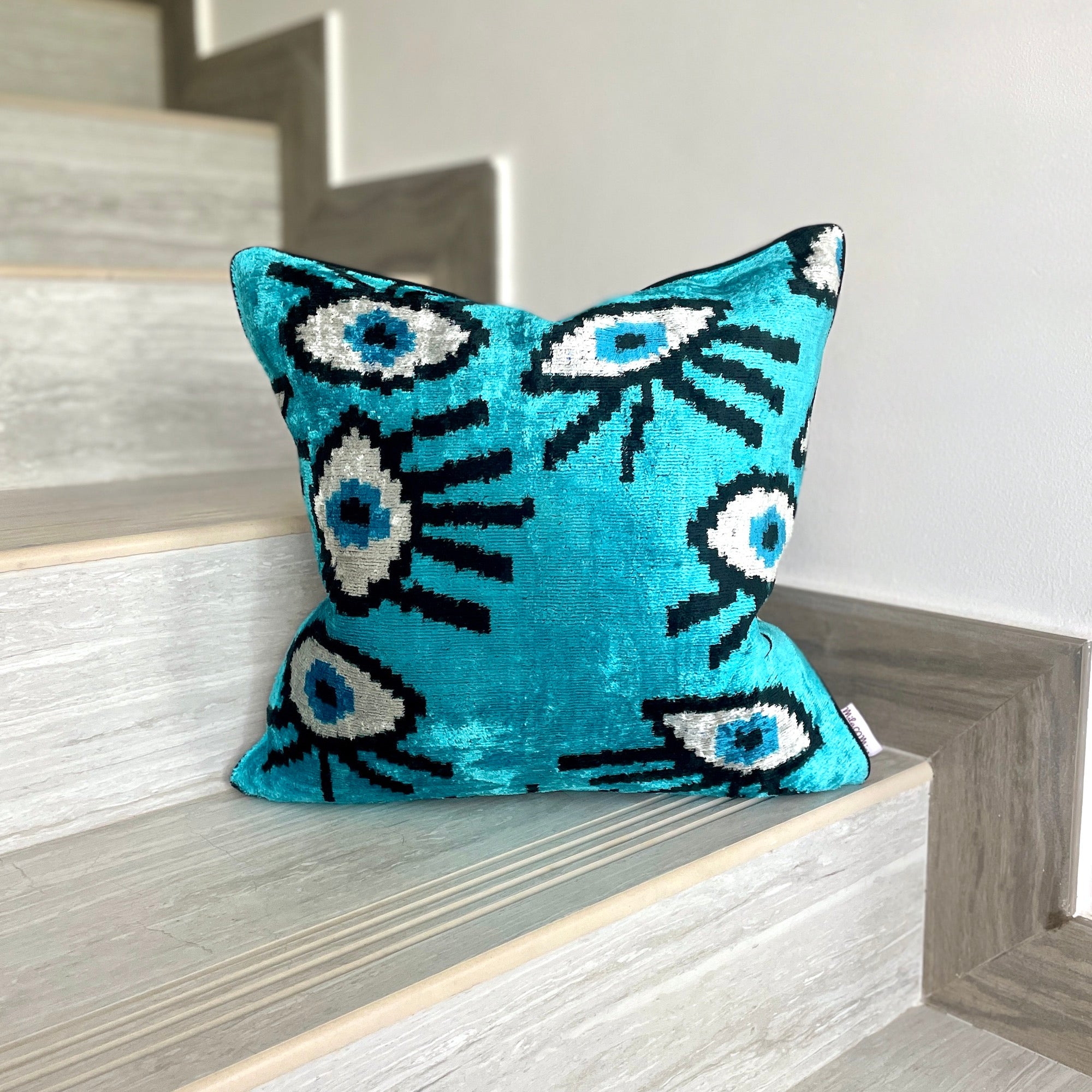 Turquoise Evil Eye Velvet Ikat Cushion Cover - Boho Home Decor Pillow for Living Room, Bedroom & Sofa | Handmade Decorative Throw Pillow for Bohemian Style Interior Design