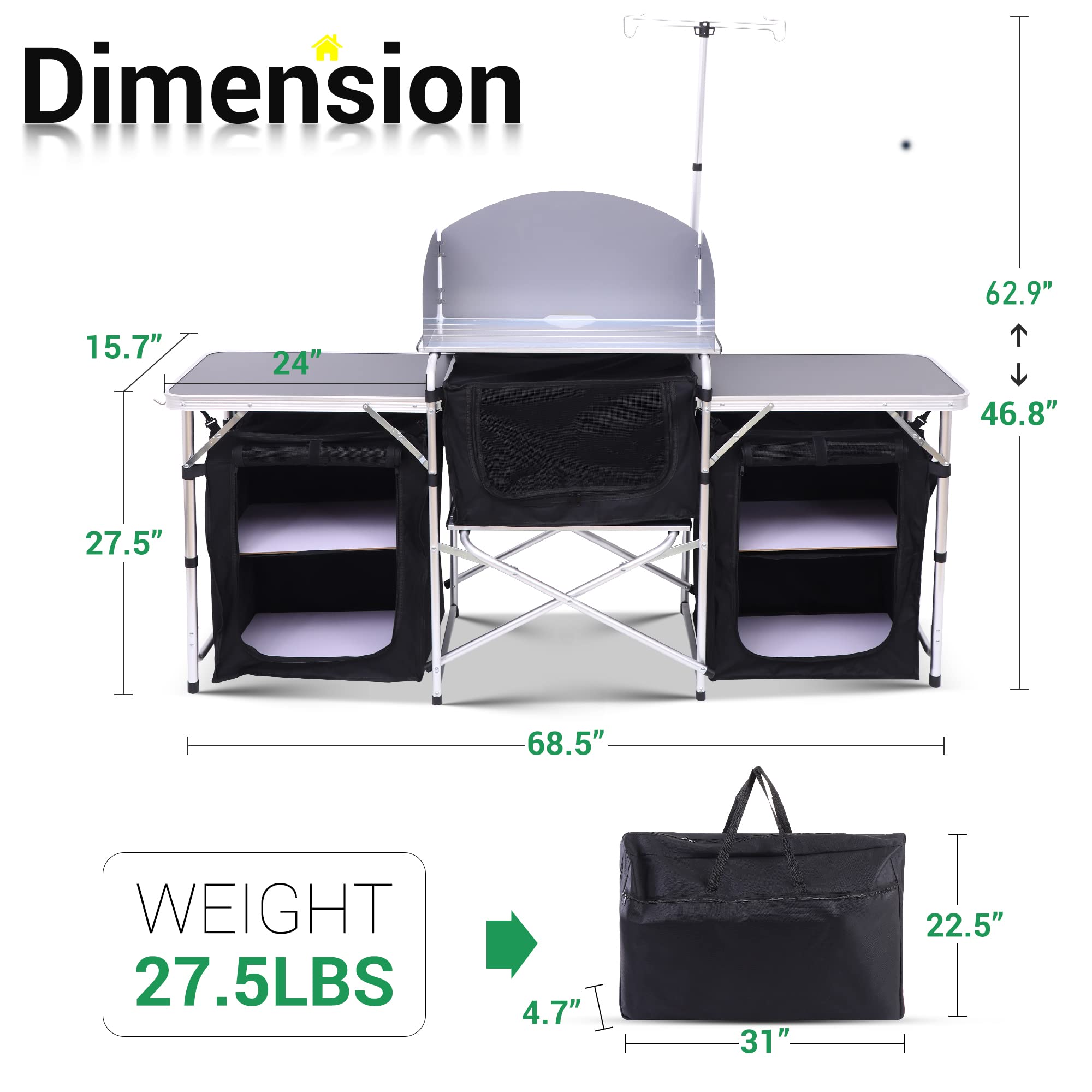 Portable Camping Kitchen Table with Adjustable Light Stand - Foldable Outdoor Cooking Station for Picnics, BBQ & Camping (Silver) - Perfect for Backyard, RV & Tailgating