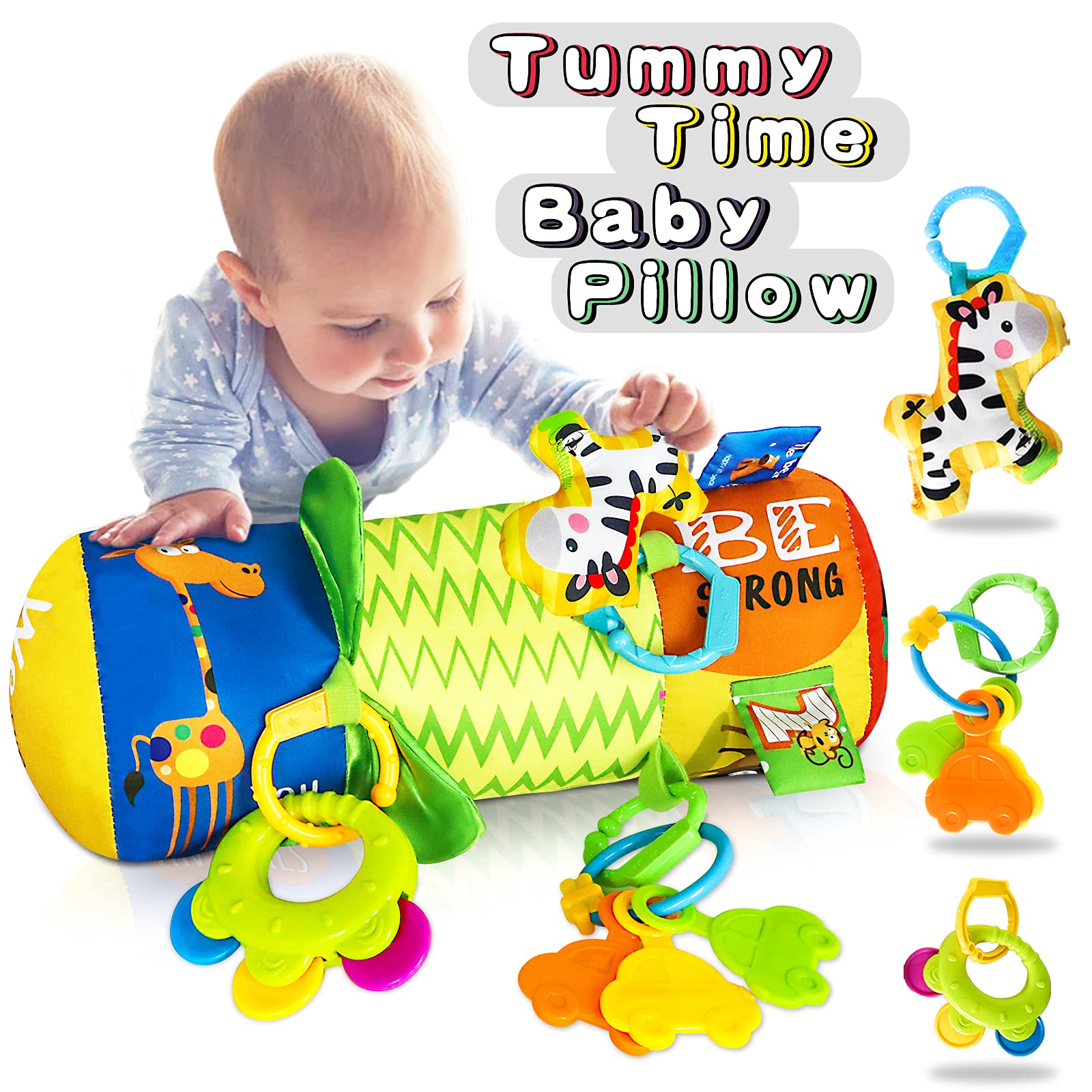 HISTOYE Baby Tummy Time Pillow with Detachable Rattles - Developmental Crawling Roller Toy for Newborns 0-3-6-9-12 Months - Infant Sensory Play Mat for Early Learning & Motor Skills - Perfect for Nursery, Daycare & Playtime