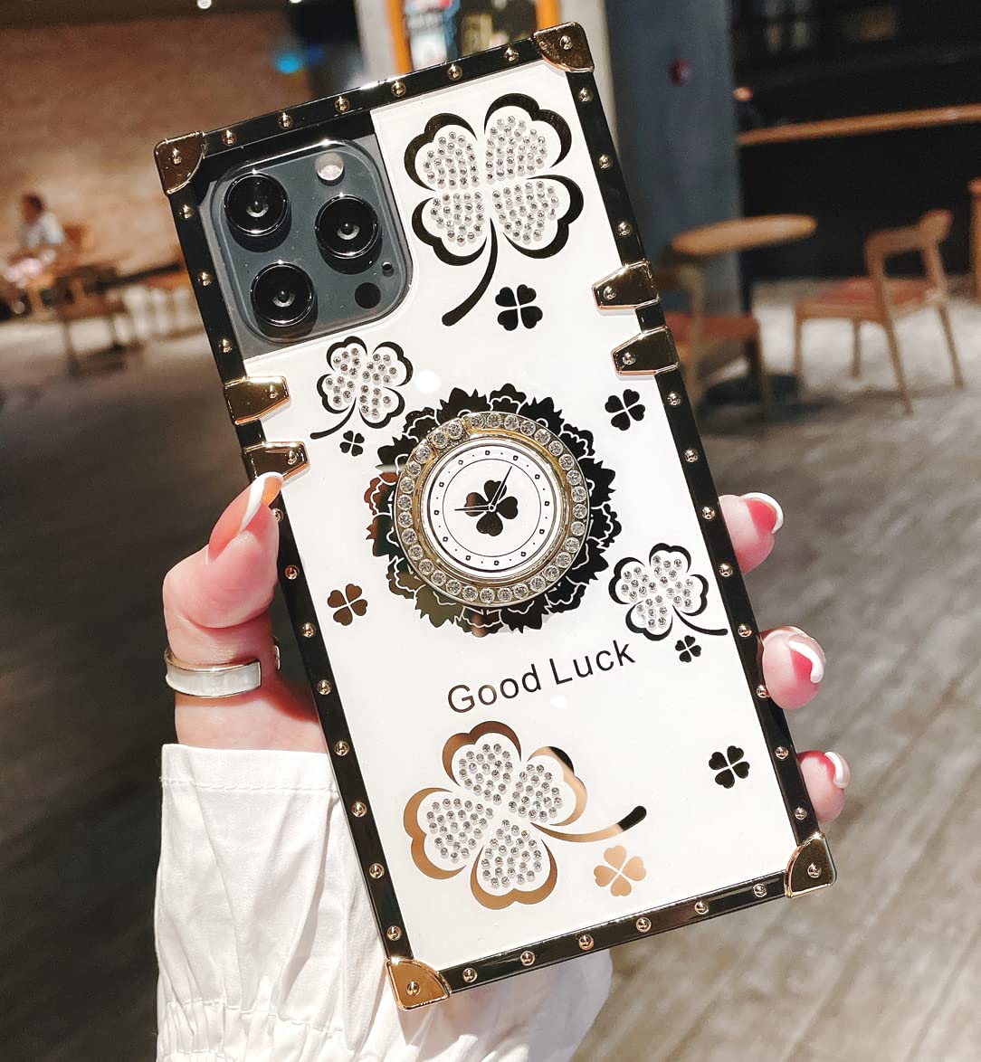 Luxury Bling Diamond Glitter Soft TPU Case for iPhone 8 Plus / 7 Plus - Square Design with Finger Ring Grip & Kickstand - White Phone Cover (Perfect for Parties, Weddings, and Everyday Glam Style)