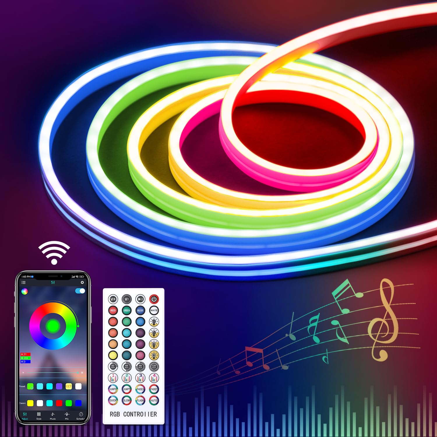 16.4Ft RGB LED Strip Lights with App Control & Music Sync - Waterproof Flexible Neon Rope Lights for Bedroom, Home Decor (Indoor Use) - Perfect for Parties, Gaming Rooms & Mood Lighting
