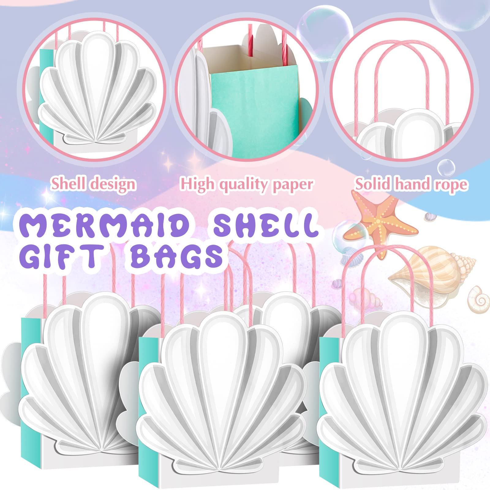 24 Pcs Mermaid Shell Gift Bags - White Mermaid Party Favor Bags for Candy & Treats - 5.91 x 5.12 x 2.76 Inch - Perfect for Ocean Themed Birthday Parties, Baby Showers & Under the Sea Events