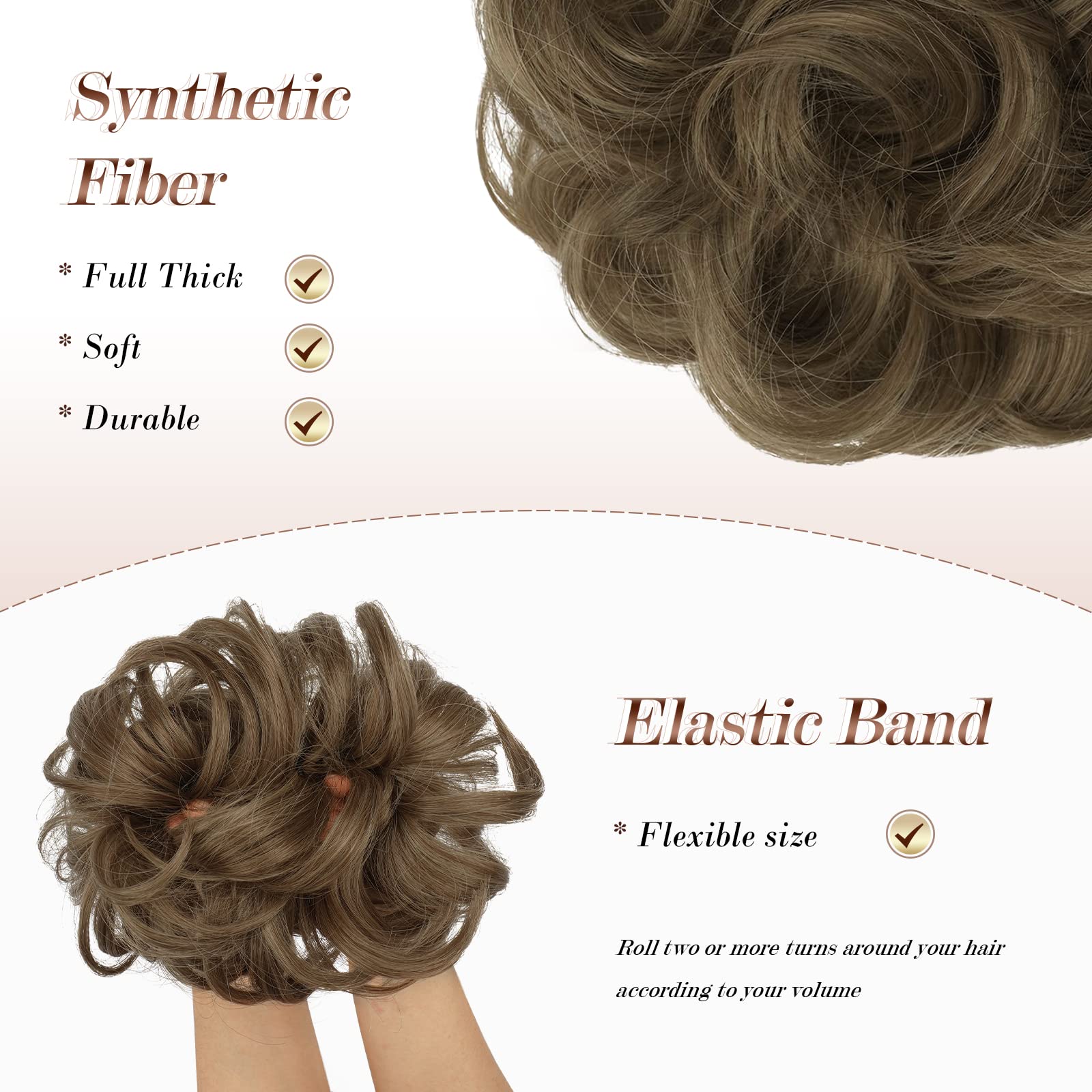 FESHFEN Updo Hairpiece - Ponytail & Bun Hair Extensions with Scrunchy, Wavy Curly Messy Donut Chignon - 12T24 Light Golden Brown & Pale Golden Blonde Ombre - Perfect for Parties, Weddings & Everyday Styling