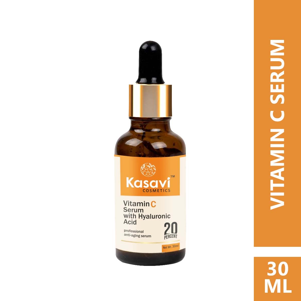 Kasavi Vitamin C Face Serum with Hyaluronic Acid - 30ml Brightening & Hydrating Facial Treatment for Glowing Skin | Day & Night Use for All Skin Types | KSVCS-001