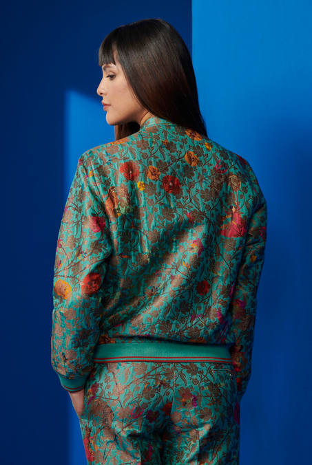 Elegant Boot Cut Trousers in Silk Brocade Aqua - Women's Fashion Pants for Office Wear & Special Occasions