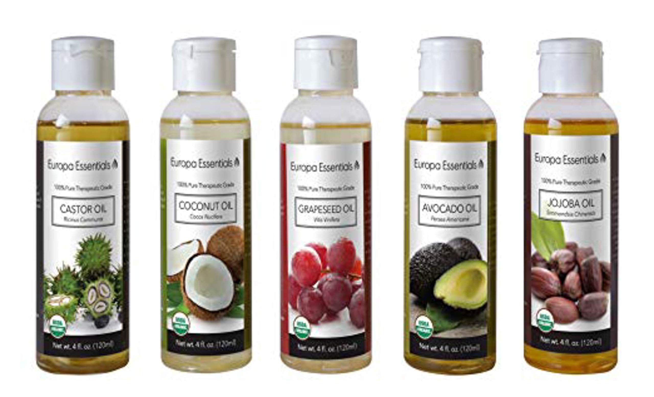 5-Pack 100% Organic Carrier Oils Gift Set - Avocado, Castor, Coconut, Grapeseed & Jojoba Oil (4oz Each) for Skin, Hair & Nail Care - Perfect for Massage, Aromatherapy & DIY Beauty Products
