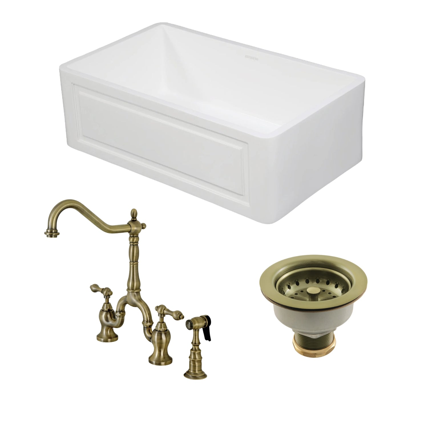 Arcticstone 30 Inch White Farmhouse Kitchen Sink Single Bowl with Antique Brass Deck Mount Faucet - Includes Side Sprayer & Basket Strainer - Perfect for Rustic & Modern Kitchen Renovations