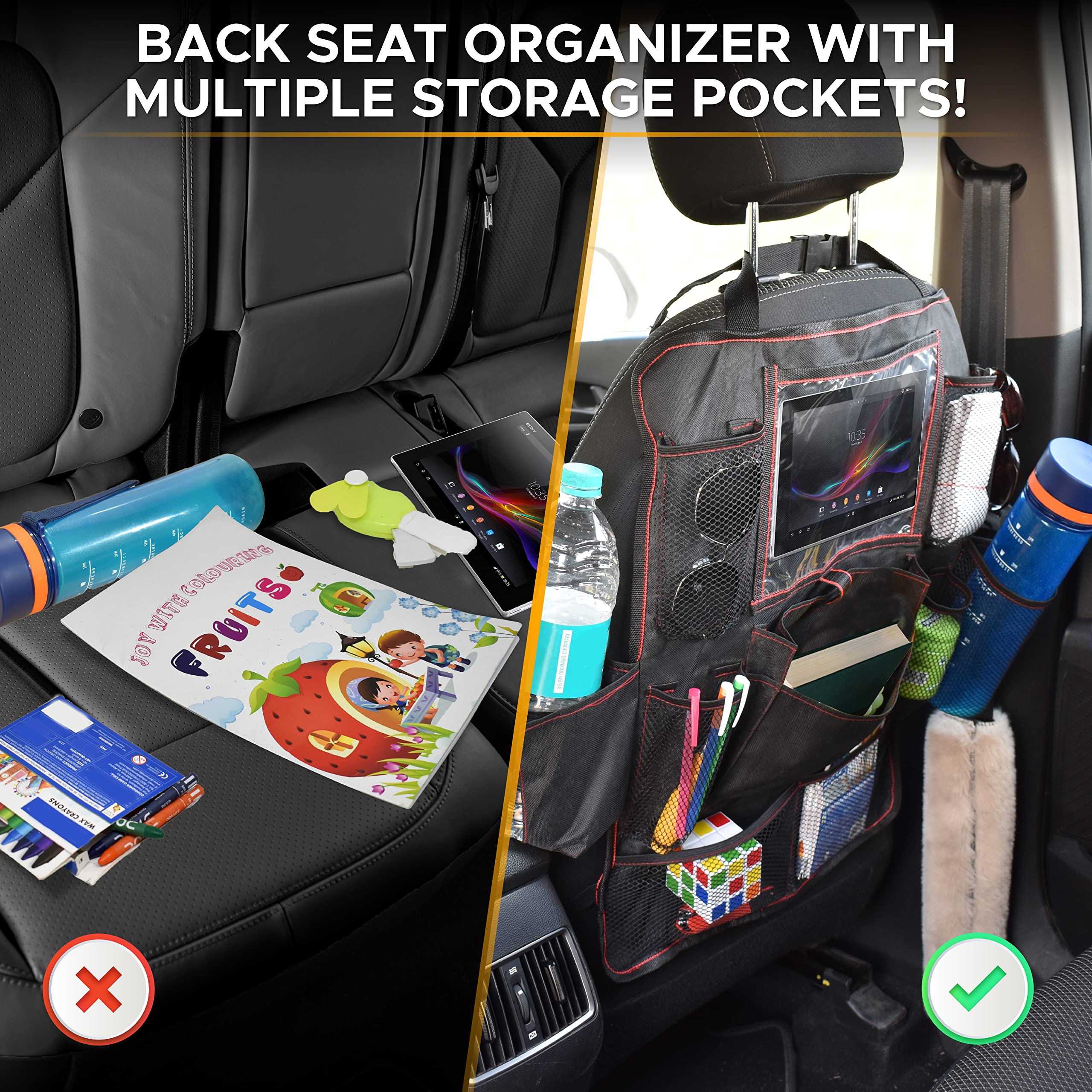 EcoNour Car Seat Gap Filler with Cup Holder (2 Pack) - Back Seat Protector & Organizer for Kids & Toddlers | Car Storage Accessories with Pockets | Perfect for Road Trips, Family Travel & Baby Safety